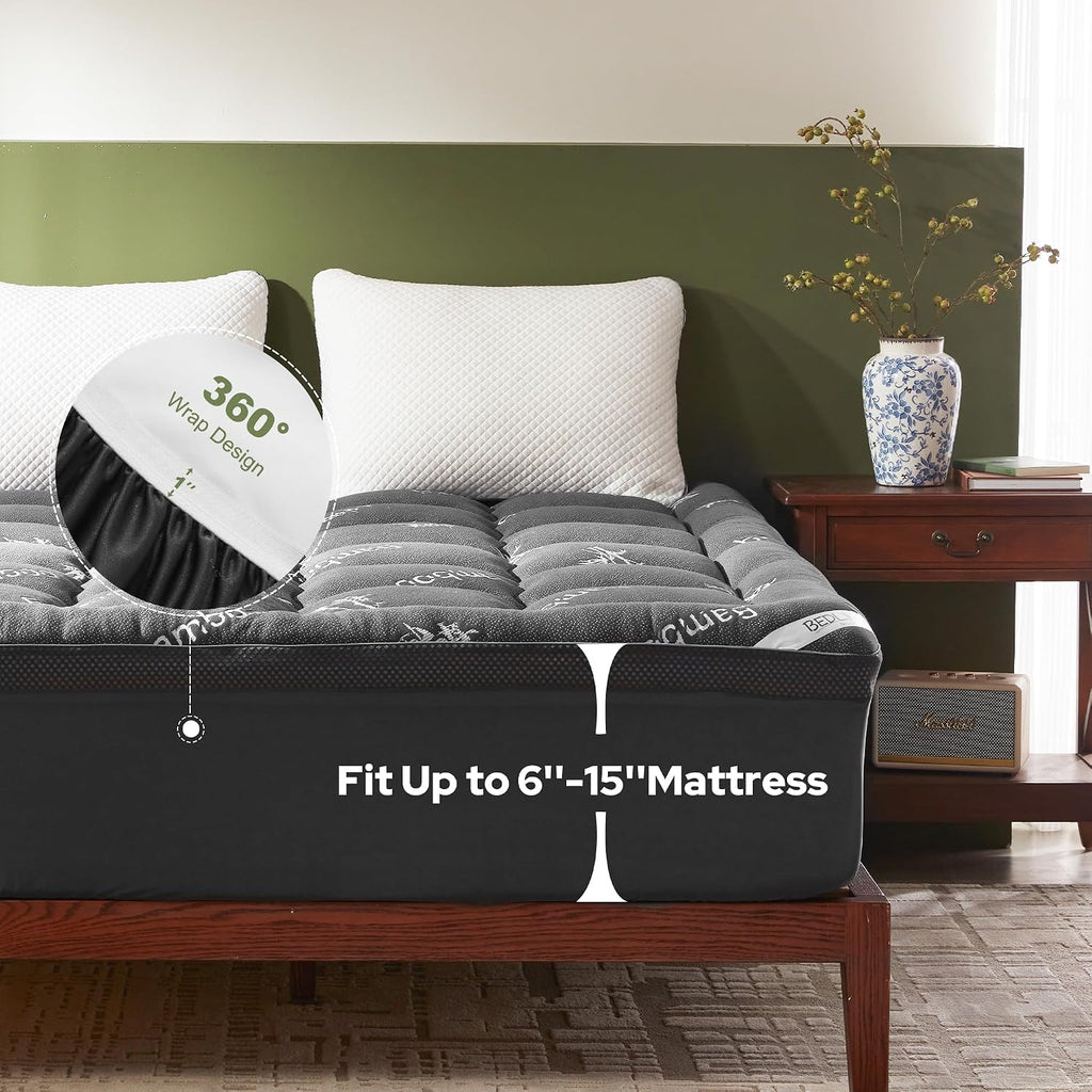 BEDLORE 4 Inch Memory Foam Mattress Topper Full,2-in-1 Dual Layer Design (2' Gel Memory Foam + 2' Plush Pillow Top Cover) Mattress Topper Medium-Firm,Pressure Relief & Back Pain Support(Dark Gray)