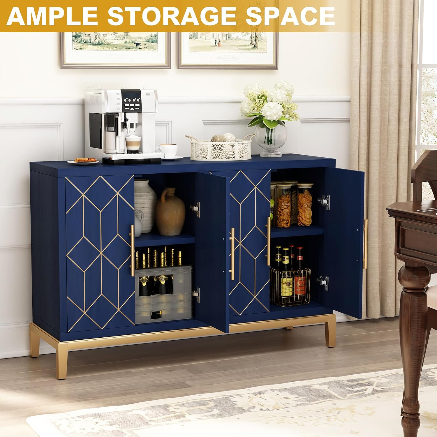 HLR 48' Accent Cabinet with 4 Doors and Shelves, Modern Credenza Storage Cabinet with Gold Trim, Sideboard Buffet for Living Room, Kitchen, Dining Room, Hallway, Blue
