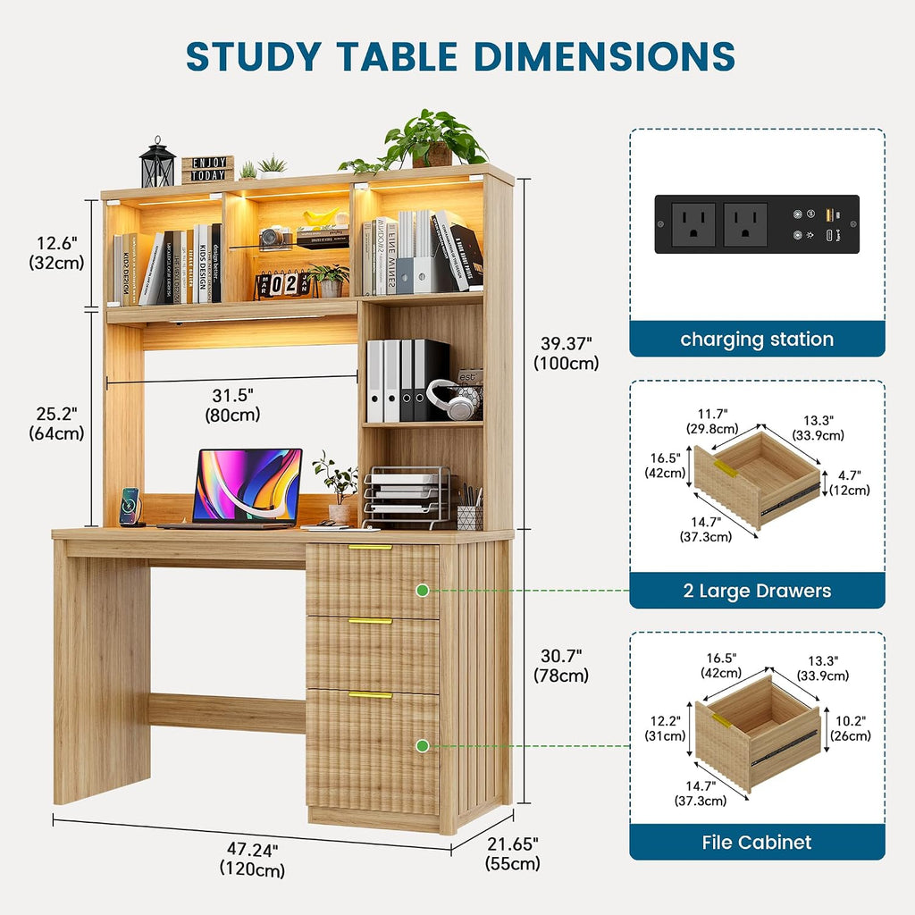 WOOVIVS Standing Desk with LED Light for Office Room, Smart Computer Desk with Hutch and Drawer for Game Room,Modern Study Table with 2AC Port Charging Station/Lamp/for Bedroom (Wood)
