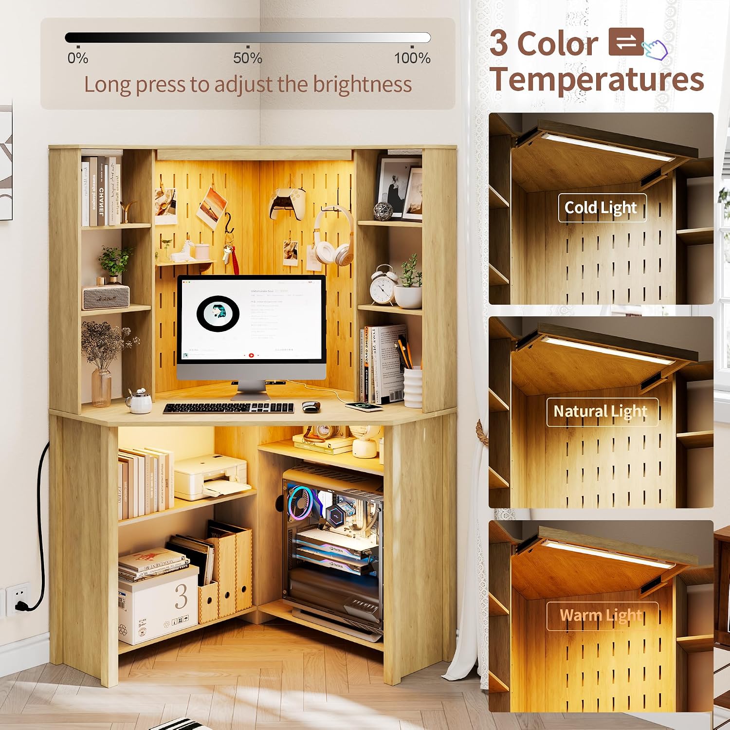 HNEBC Home Office Desk with Power Outlet & Chariging Station,L-Shaped Corner Desk with Pull-Out LED Lights,Computer Desk with Hutch & 10 Shelves,Pegboards for Work & Study,Natural