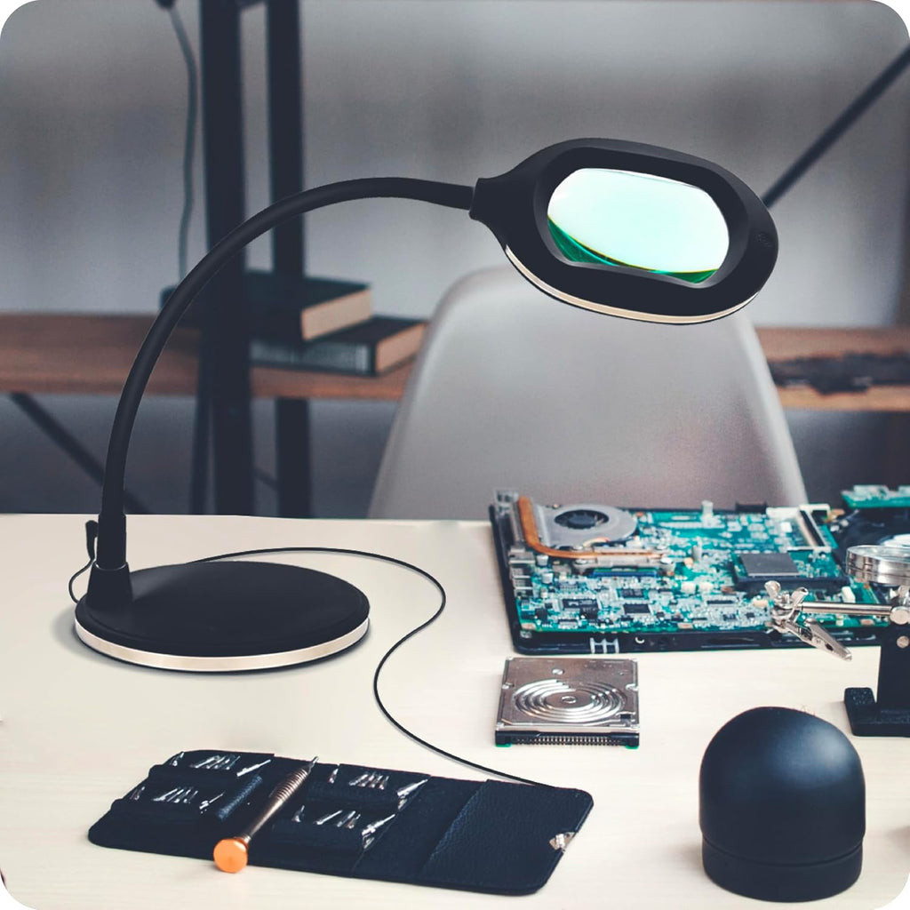 Brightech LightView Pro Magnifying LED Desk Lamp with Flexibility & Durability, 3 in 1 LED Glass Magnifier, Work Light for Hobbies & Reading - Black