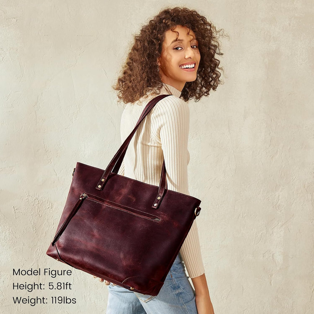 S-ZONE Vintage Genuine Leather Shoulder Bag Work Totes for Women Purse Handbag with Back Zipper Pocket Large