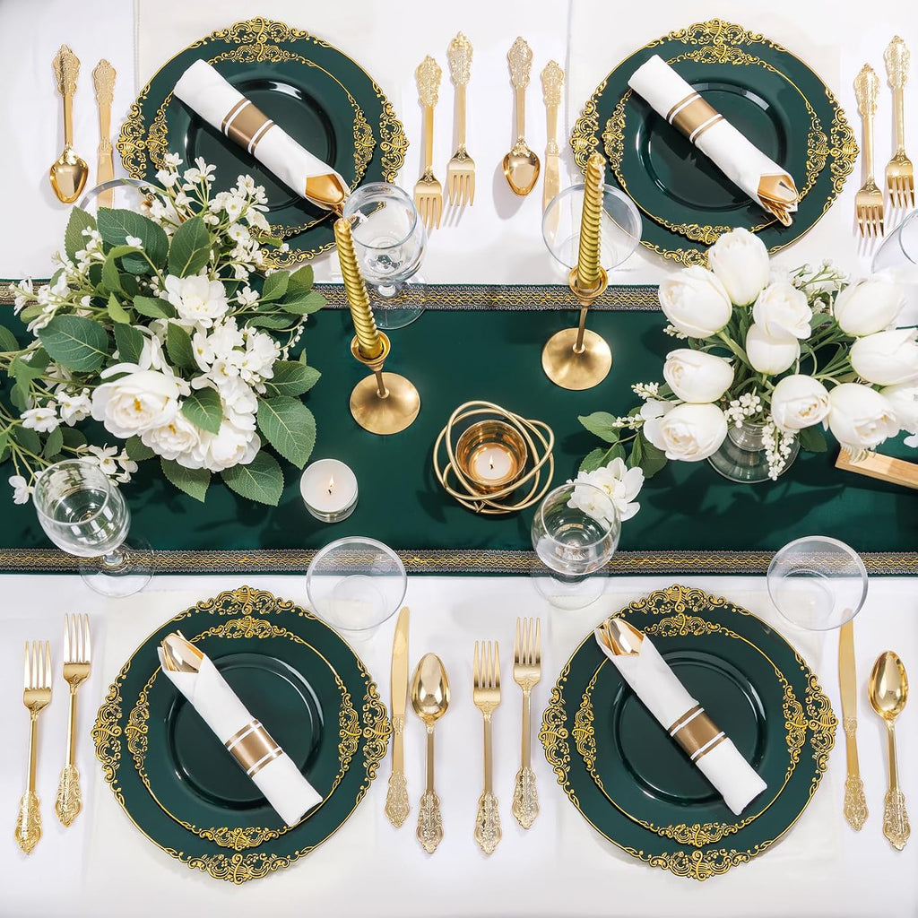 Nervure 175PCS Green Plastic Plates - Disposable Green Gold Party Plates & Pre Rolled Napkins with Cutlery for 25 Guests, 50Plates, 75Silverware, 25Cups, 25Napkin for Wedding & Party (Pack of 2)
