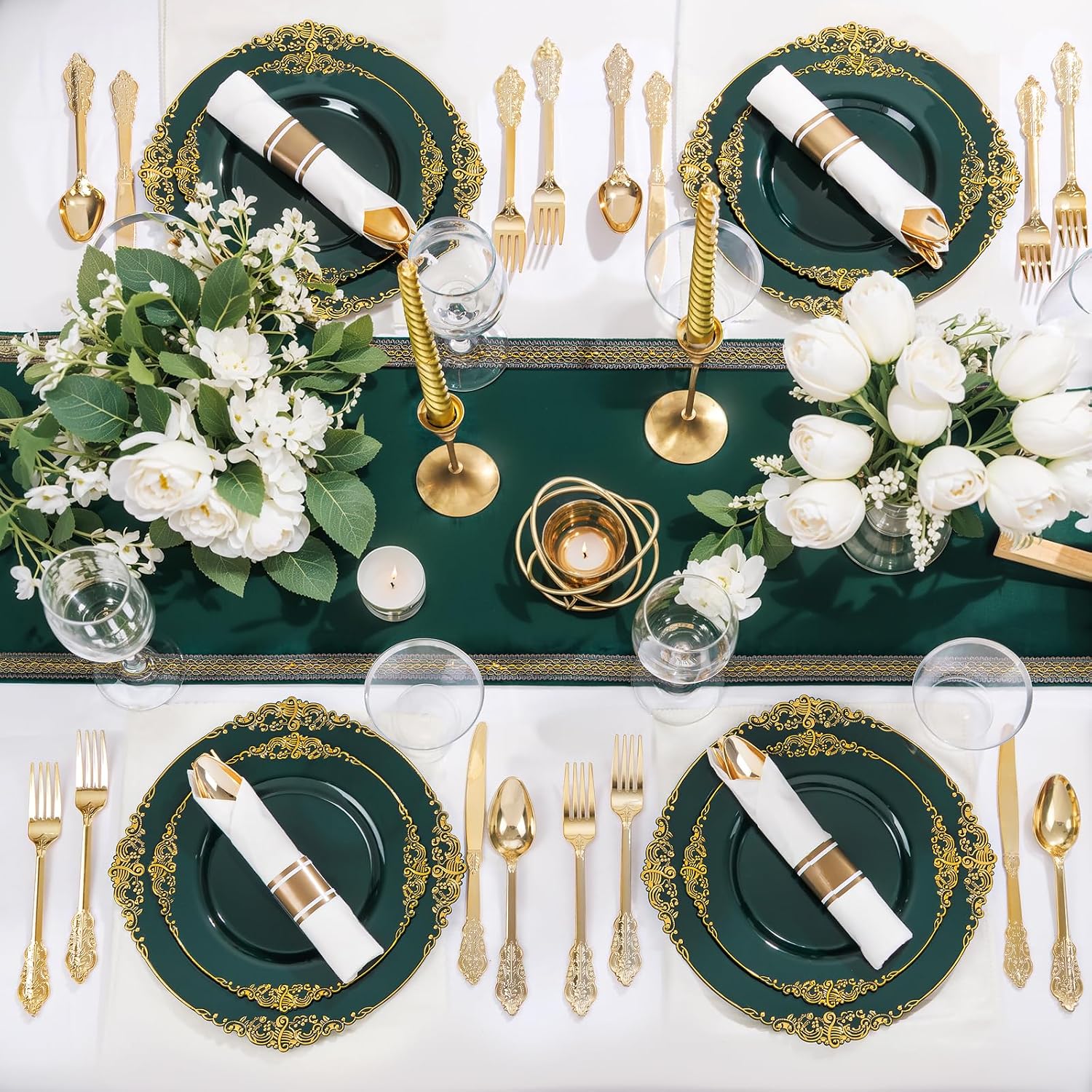 Nervure 175PCS Green Plastic Plates - Disposable Green Gold Party Plates & Pre Rolled Napkins with Cutlery for 25 Guests, 50Plates, 75Silverware, 25Cups, 25Napkin for Wedding & Party (Pack of 2)