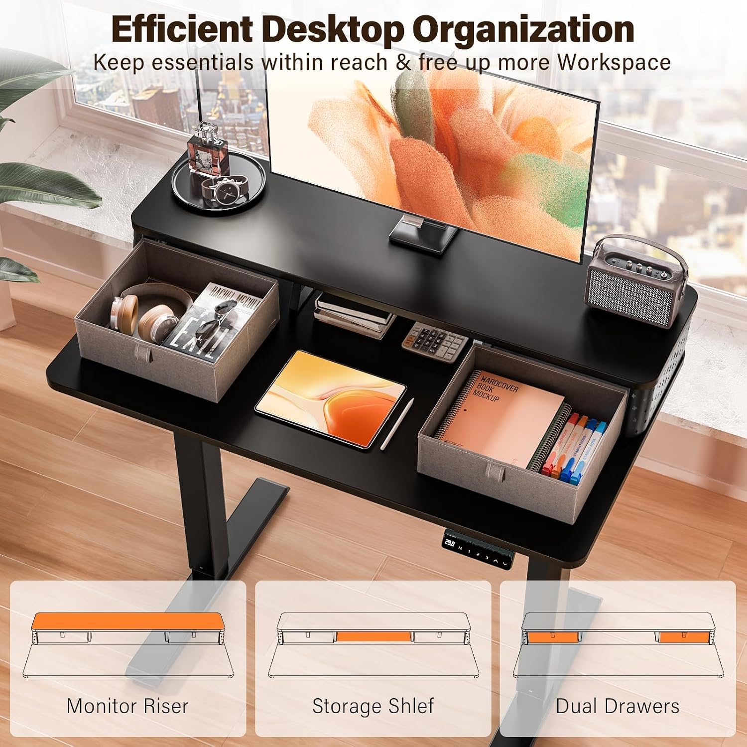 Kingant 40 x 24 Inch Small Electric Standing Desk with Dual Drawers, Height Adjustable Sit to Stand Computer Desk with Storage Shelf and C-Clamp Mount Compatibility for Home Office, Black