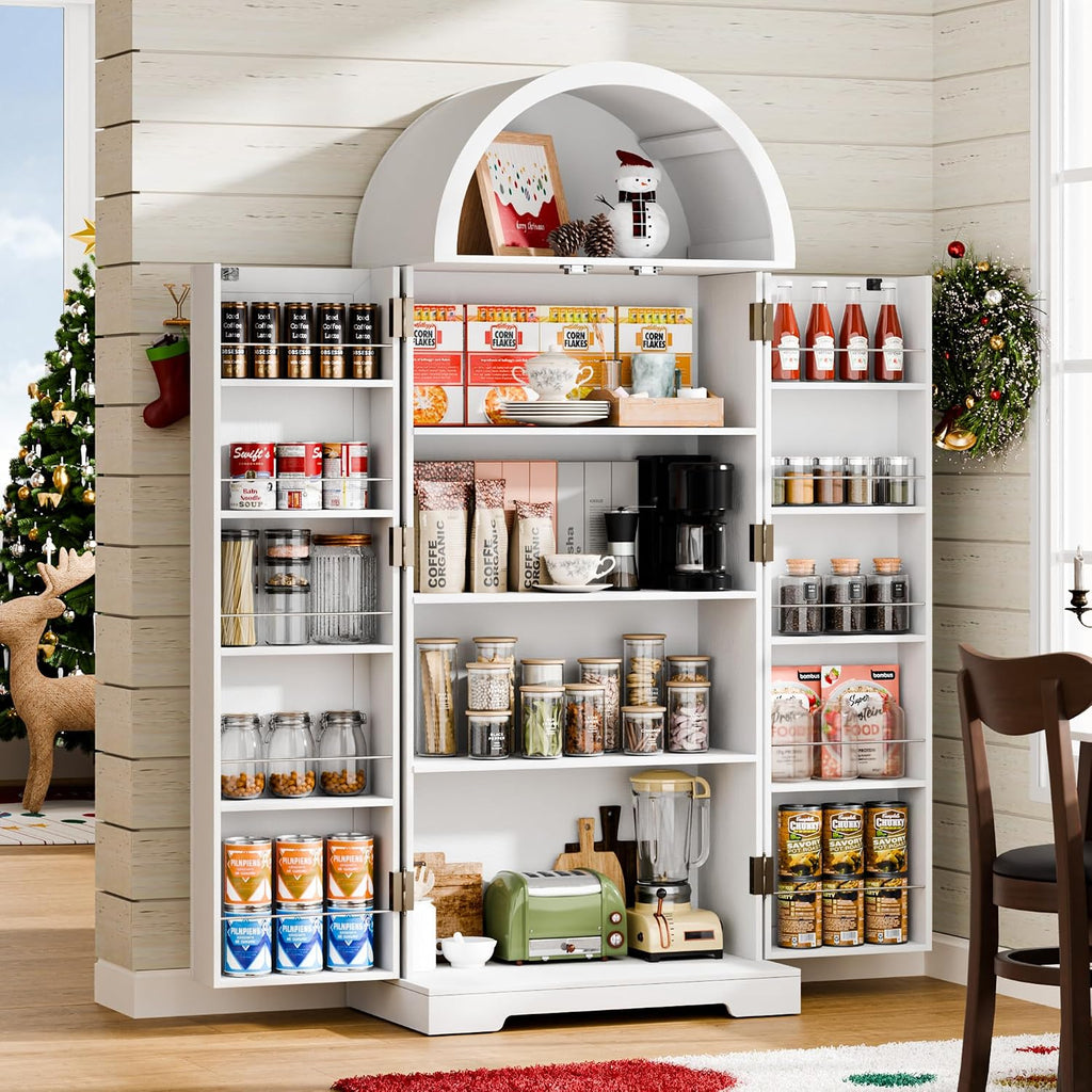 65''H Kitchen Storage Cabinet Pantry with 4 Large Storage Compartment & 10 Door Shelves, Free Standing Pantry Cabinet with Barn Doors Tall Kitchen Cabinet for Dining Room, Living Room, White