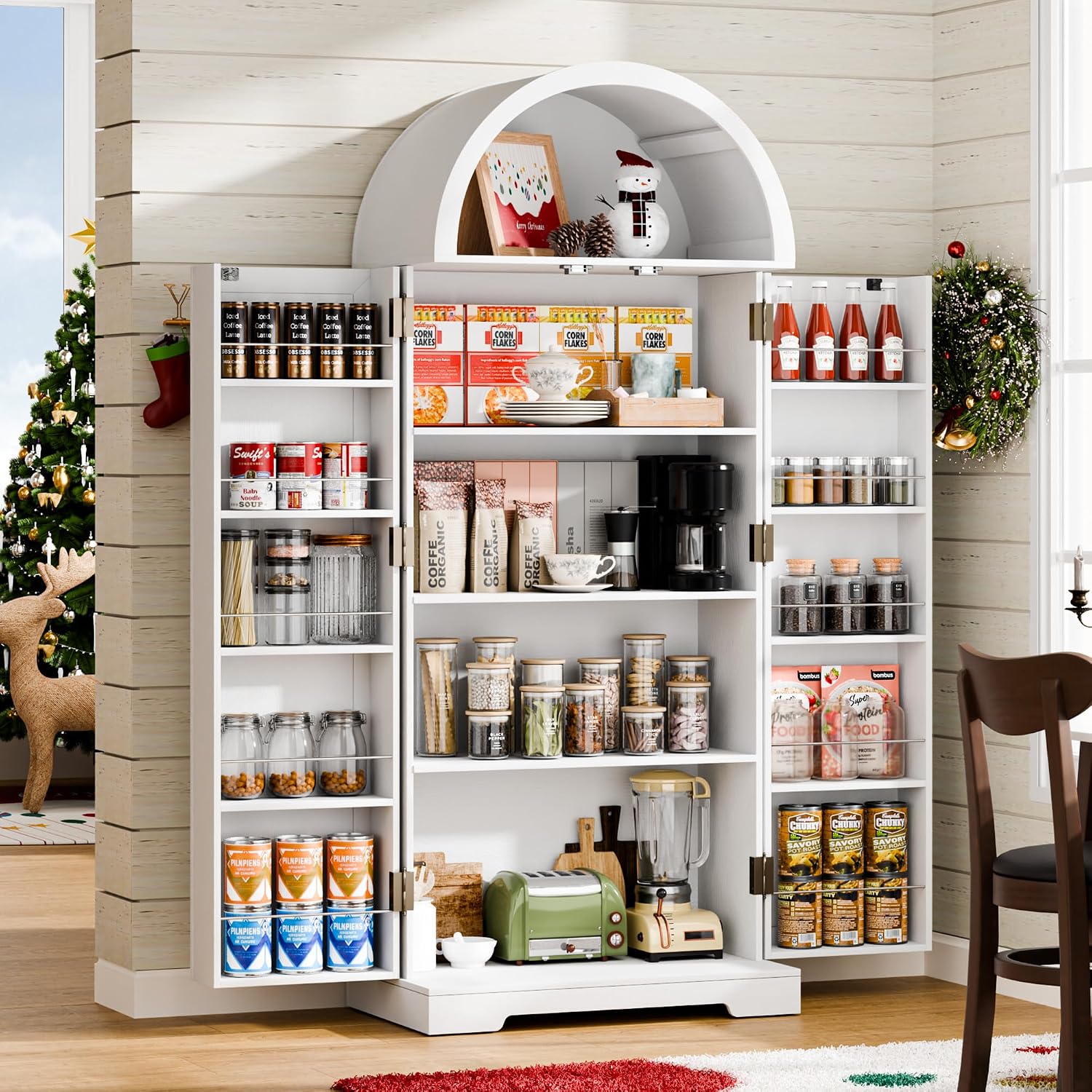 65''H Kitchen Storage Cabinet Pantry with 4 Large Storage Compartment & 10 Door Shelves, Free Standing Pantry Cabinet with Barn Doors Tall Kitchen Cabinet for Dining Room, Living Room, White