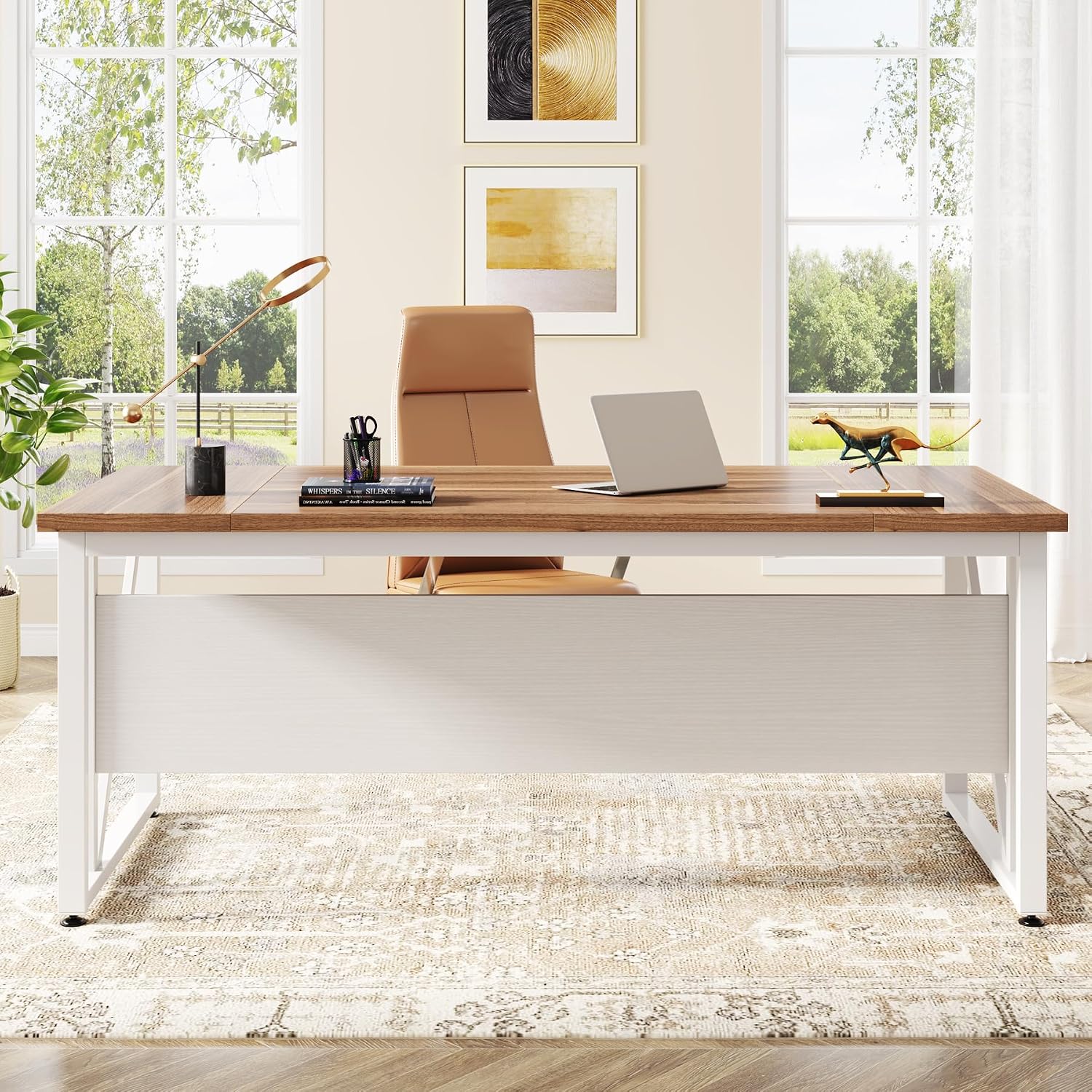 Tribesigns 63 inches Computer Desk with Bottom Storage Shelf Home Office Desk Writing Table for Workstation,Dark Walnut + Steel Leg， Cabinet not Included (Beige, 63-inch)
