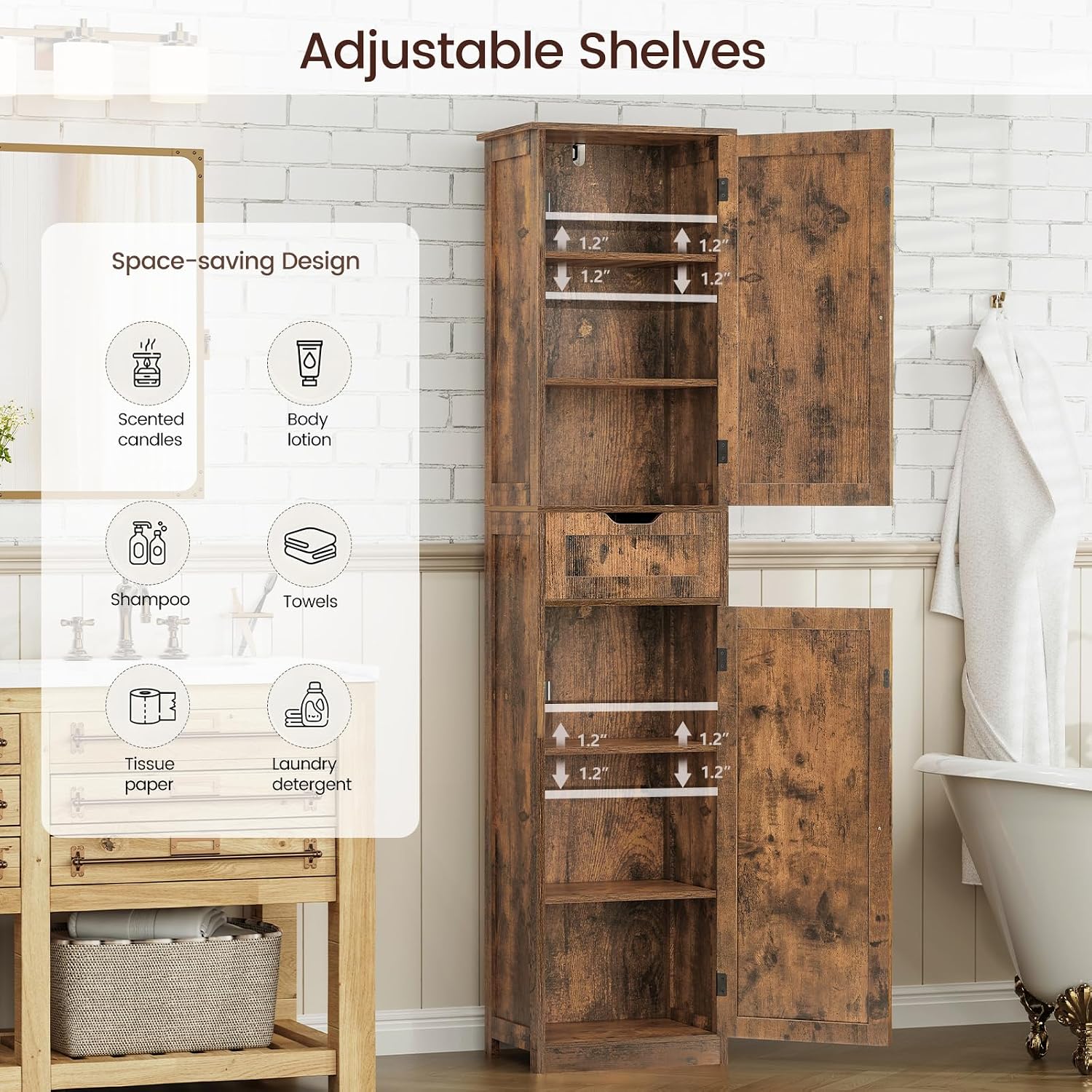 Iwell 67' Tall Storage Cabinet, Bathroom Cabinet with Drawer & Adjustable Shelves, Narrow Storage Cabinet, Floor Cabinet for Living Room, Home Office, Rustic Brown