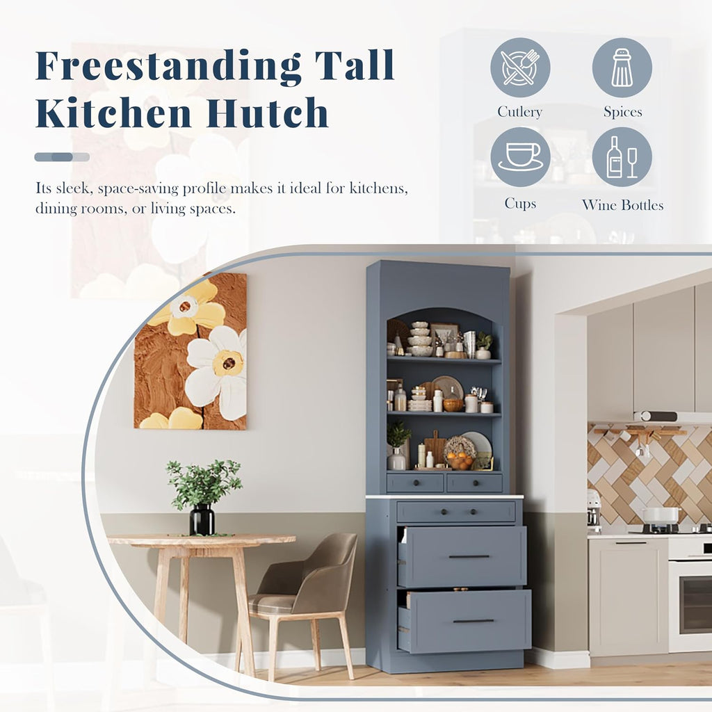 Modern 83.7inch High Kitchen Pantry, Freestanding Tall Kitchen Hutch with Faux Marble Top, Cupboard Cabinet with 5 Storage Drawers and Adjustable Shelf (Gray-4)