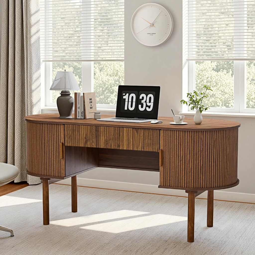 Executive Office Desk with Storage, 63 Inch Large Computer Workstation Desk with Drawer and File Cabinets, Mid Century Modern Fluted Wood Writing Desk for Home Office, Study Room, Living Room, Walnut