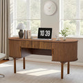 Executive Office Desk with Storage, 63 Inch Large Computer Workstation Desk with Drawer and File Cabinets, Mid Century Modern Fluted Wood Writing Desk for Home Office, Study Room, Living Room, Walnut