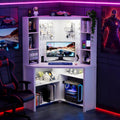 Corner Desk with - LED Reading Light, L-Shaped Computer Desk w/Hutch & Shelves, Home Office Desk w/Charging Station for Work & Study, File Cabinet Storage Bookshelf for Small Space (White)