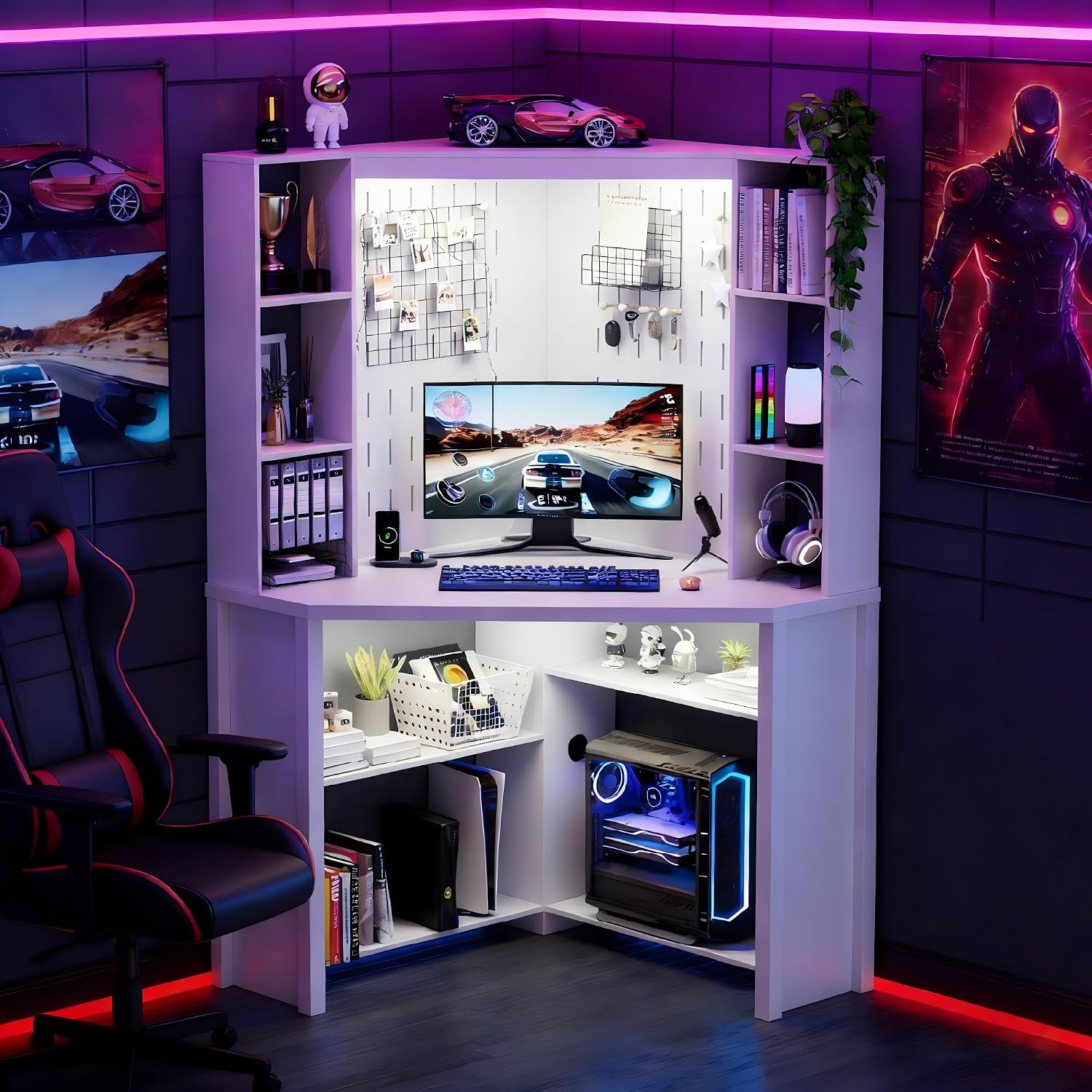 Corner Desk with - LED Reading Light, L-Shaped Computer Desk w/Hutch & Shelves, Home Office Desk w/Charging Station for Work & Study, File Cabinet Storage Bookshelf for Small Space (White)