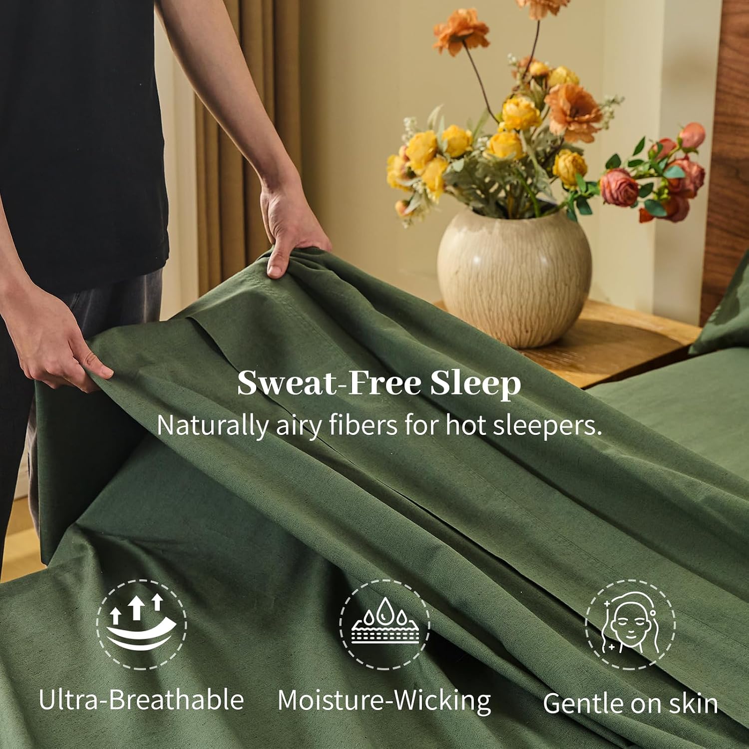 MEISHANG 100% French Pure Linen Sheets King Size - Bed Sheets 4 Piece Sets, Soft Durable Flax Linen, Anti-Tear Breathable Oeko-Tex Certified with 16' Deep Pocket (Forest Green)