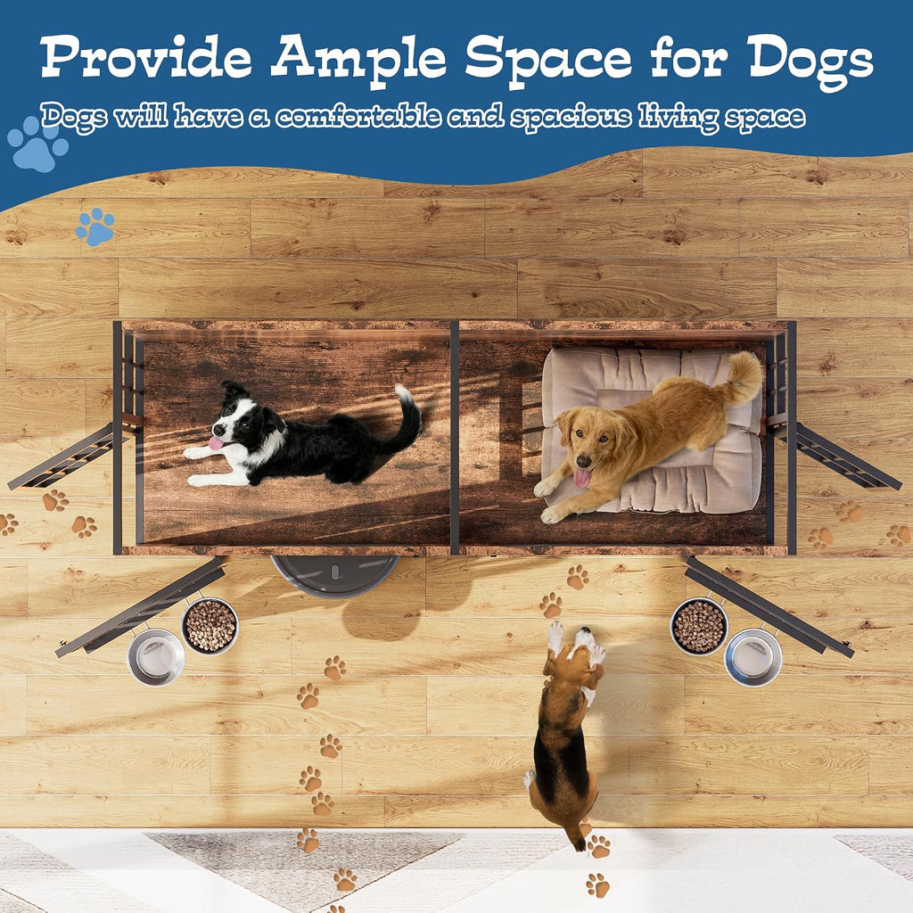 Grepatio 63' Double Dog Crate Furniture for 2 Dogs, Large Dog Kennel with 360° Rotating Feeder Bowls, Indoor Double Dogs Crates with 4 Doors, Wooden Crate TV Stand with Removable Divider