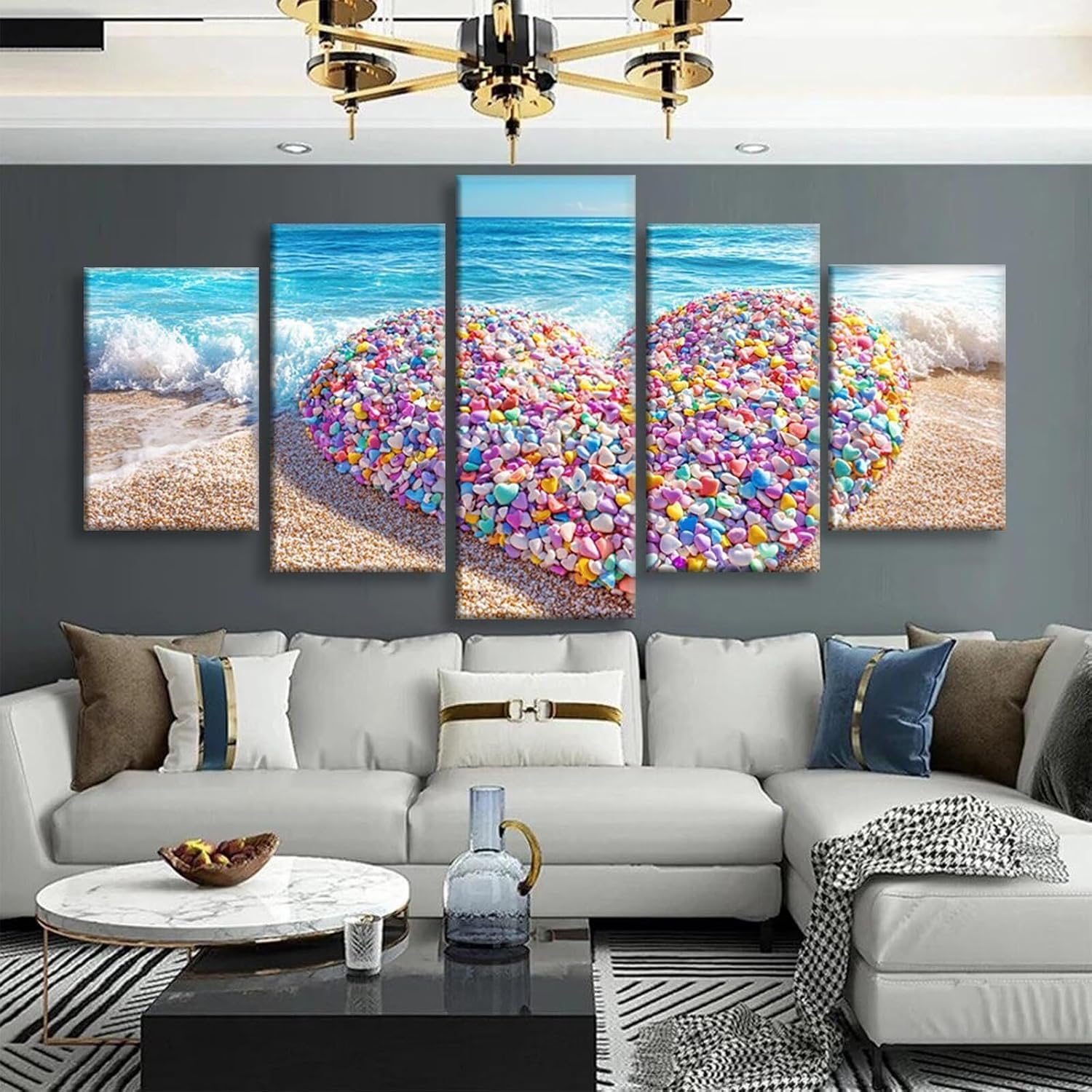 Beach Diamond Art 5 Piece Diamond Painting Love 5D Full Round Drill Dimond Art Paintings Crystal Rhinestones Crafts for Adults Gem Painting for Home Decor, Large Artwork for Wall 36 x 70 Inch,Model309
