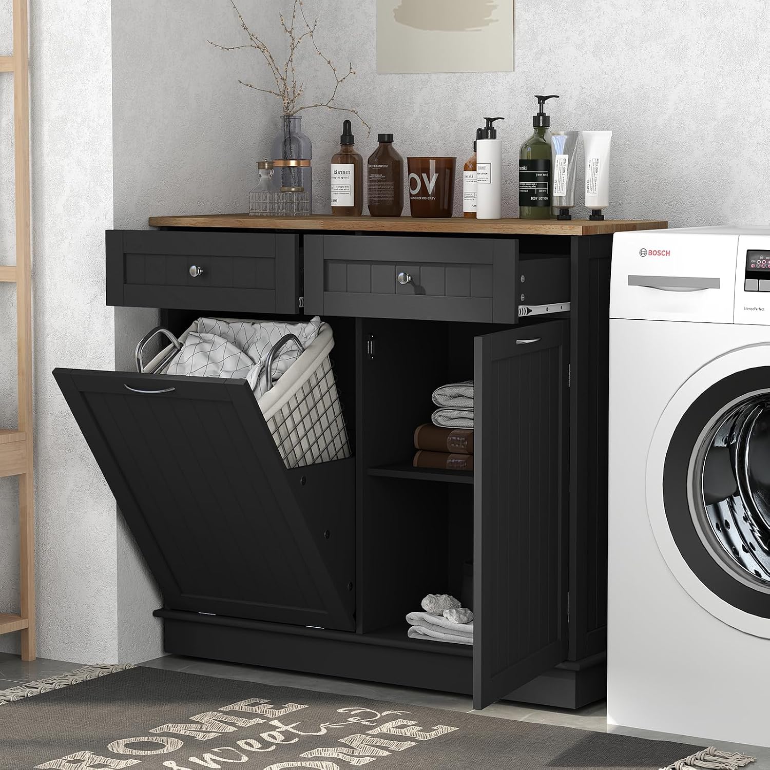 POWERSTONE Hidden Tilt Out Trash Cabinet Kitchen Island with 2 Drawers & Adjustable Shelf, Rubber Wood Countertop, Freestanding Laundry Hamper Recycle Bins, Pet Proof Garbage Can Holder Black