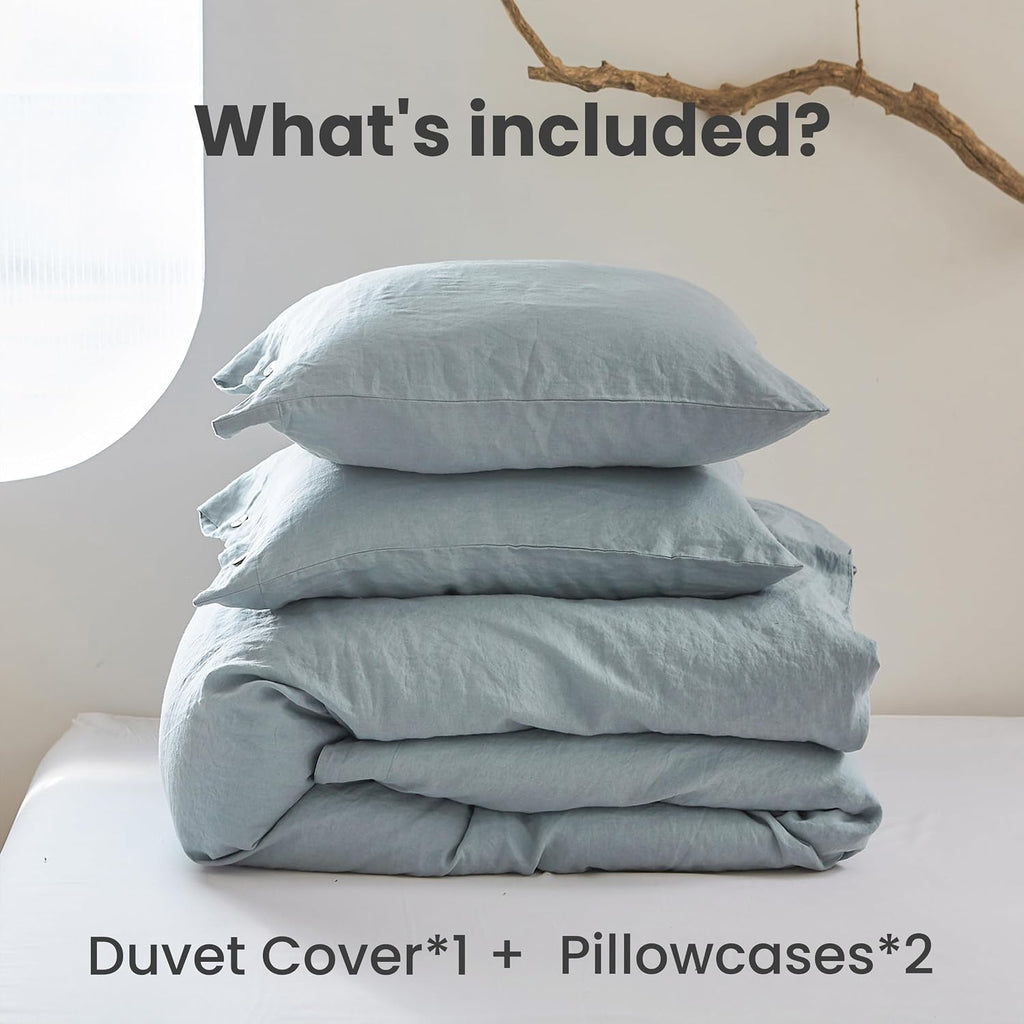 Simple&Opulence 100% Linen Duvet Cover Set 3pcs with Coconut Button Closure Natural French Washed Flax Solid Color Soft Breathable Farmhouse Bedding - Dusty Blue, Queen Size