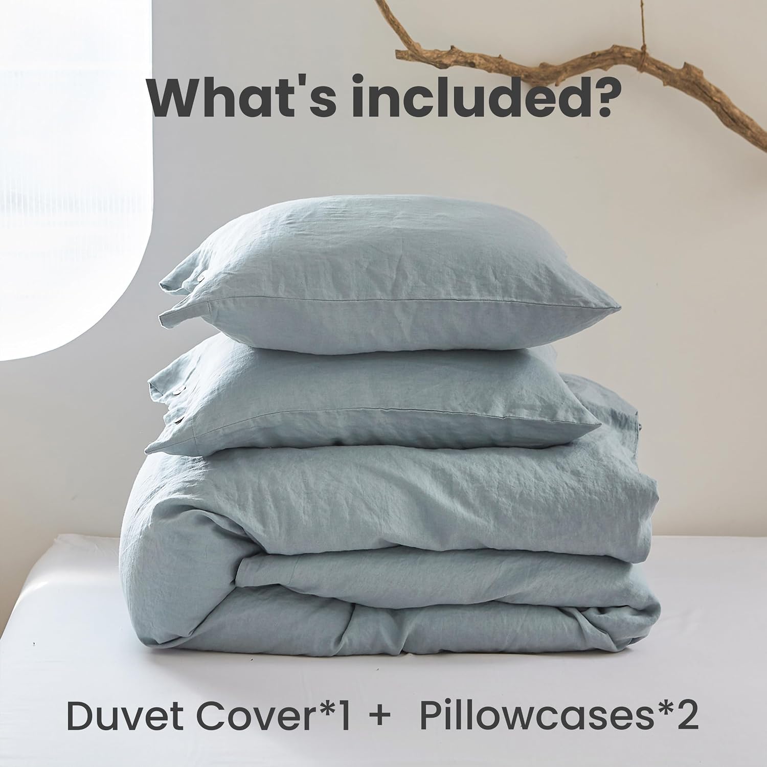 Simple&Opulence 100% Linen Duvet Cover Set 3pcs with Coconut Button Closure Natural French Washed Flax Solid Color Soft Breathable Farmhouse Bedding - Dusty Blue, Queen Size