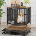 Easycom 27' Dog Crate Furniture Foldable, No Assembly Decorative Dog Kennel Indoor, Dog Crates for Small Dogs (Under 20 lb), Wooden Dog Cage with Adjustable Bowls and Name Tag, End Table, Rustic Brown