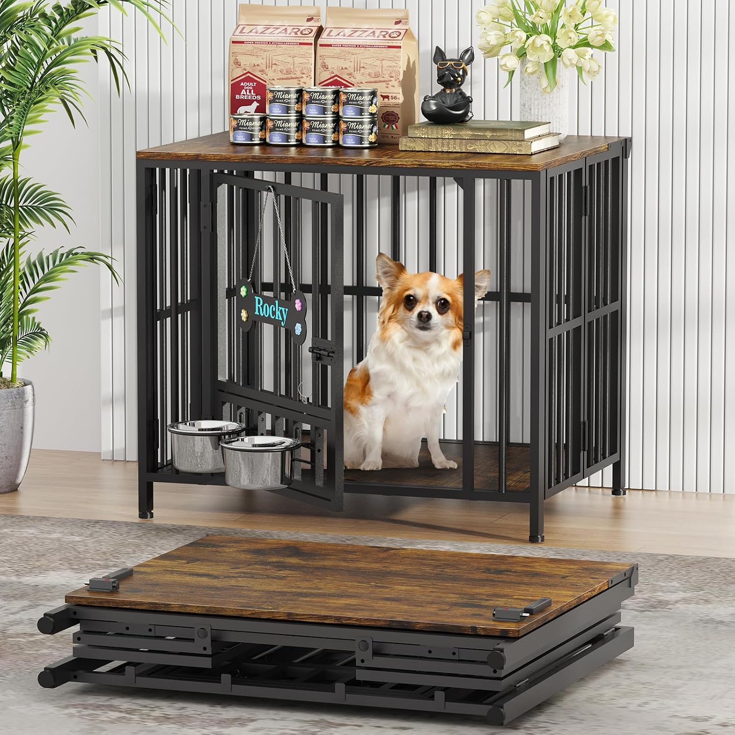 Easycom 27' Dog Crate Furniture Foldable, No Assembly Decorative Dog Kennel Indoor, Dog Crates for Small Dogs (Under 20 lb), Wooden Dog Cage with Adjustable Bowls and Name Tag, End Table, Rustic Brown