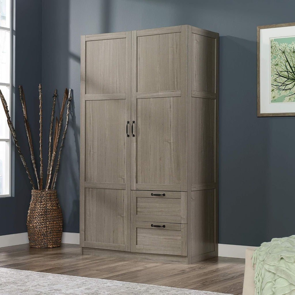 Sauder Select Multipurpose Bedroom Armoire Wardrobe Closet Pantry Storage Cabinet with Storage Drawers and Hanging Rail, in Silver Sycamore