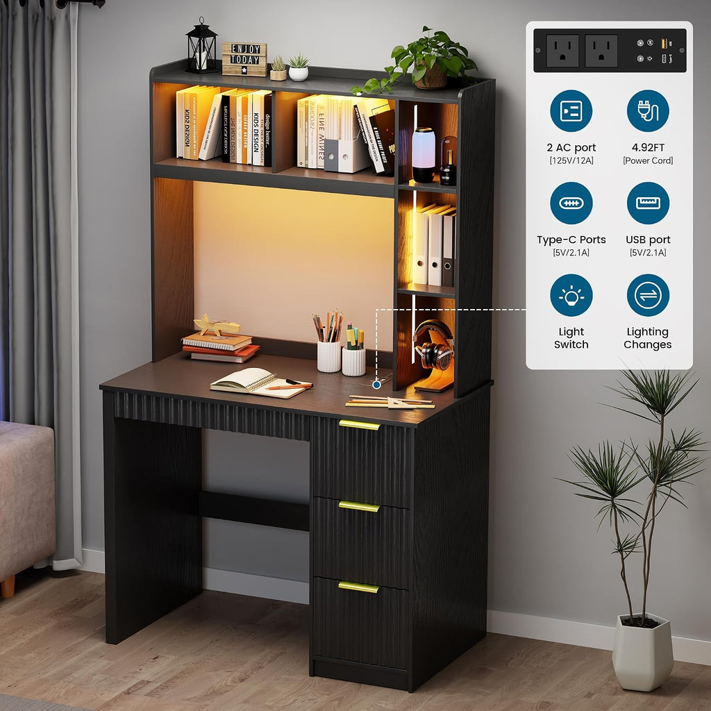 WOOVIVS Home Office Desk with Hutch & LED Lights - 39' Computer Desk with Charging Station, 3 Large Drawers, Hidden Compartment & Fluted Panel Design,Black Writing Desk for Bedroom, Study