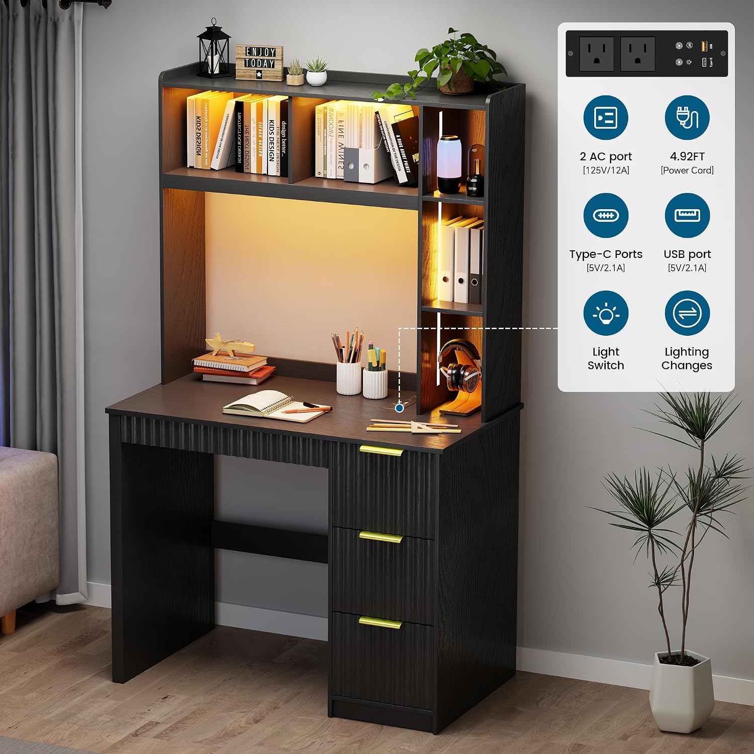 WOOVIVS Home Office Desk with Hutch & LED Lights - 39' Computer Desk with Charging Station, 3 Large Drawers, Hidden Compartment & Fluted Panel Design,Black Writing Desk for Bedroom, Study
