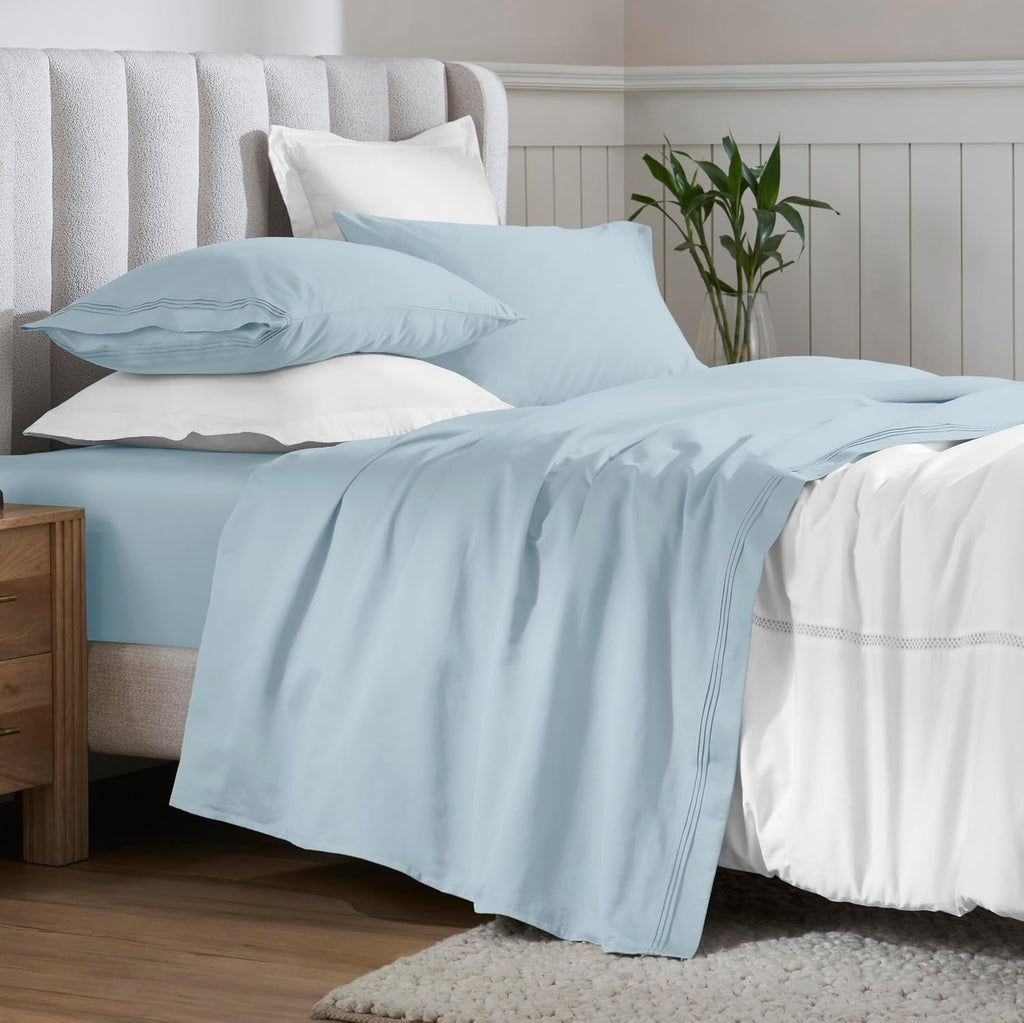 Superior Egyptian Cotton 4 Piece Sheet Set, 650 Thread Count, Modern Design, Sustainable Sheets, Ultra-Soft Basics, Solid, Deep Pocket Fitted Sheet, Flat Sheet, Pillowcases, Queen, Baby Blue