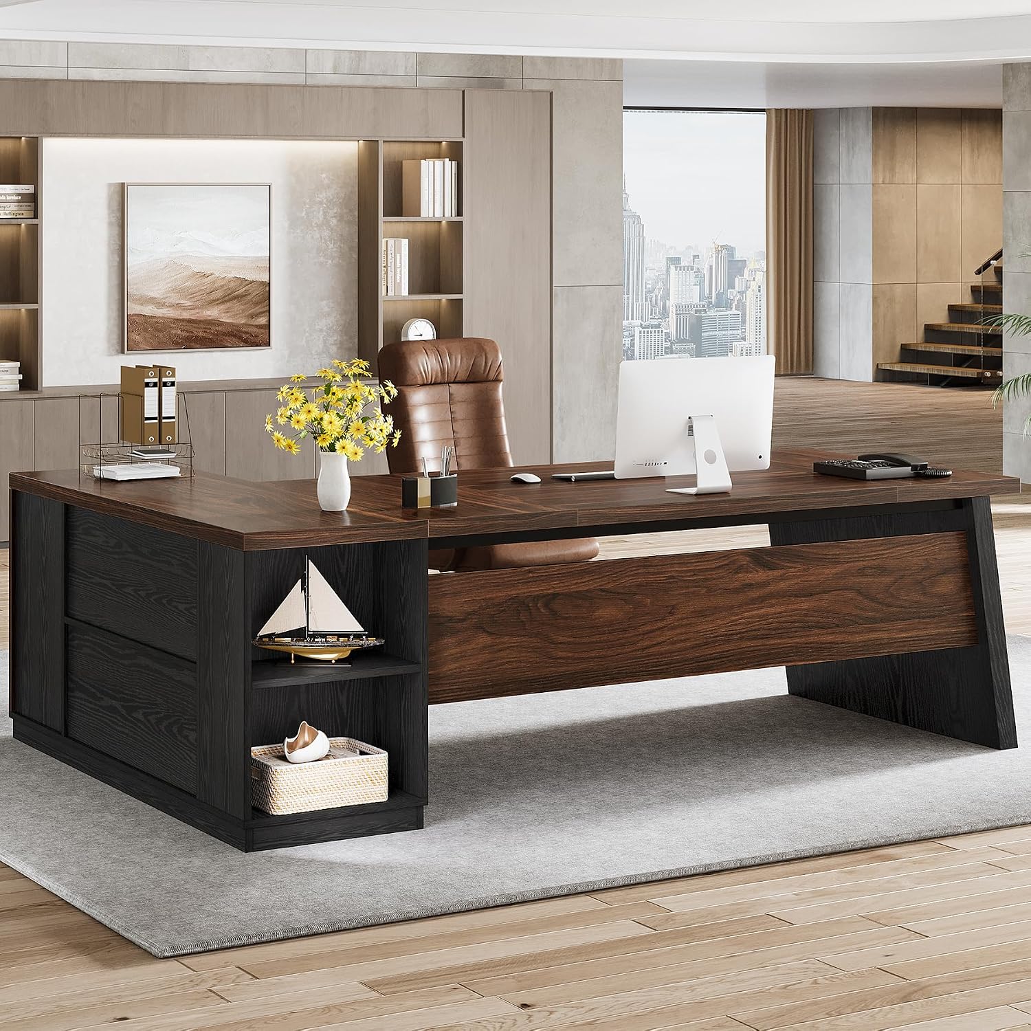 Tribesigns 78-Inch L-Shaped Executive Desk, Large Computer Desk with 2 Drawers and Storage Shelves, Business Furniture Workstation for Home & Office (Brown and Black)