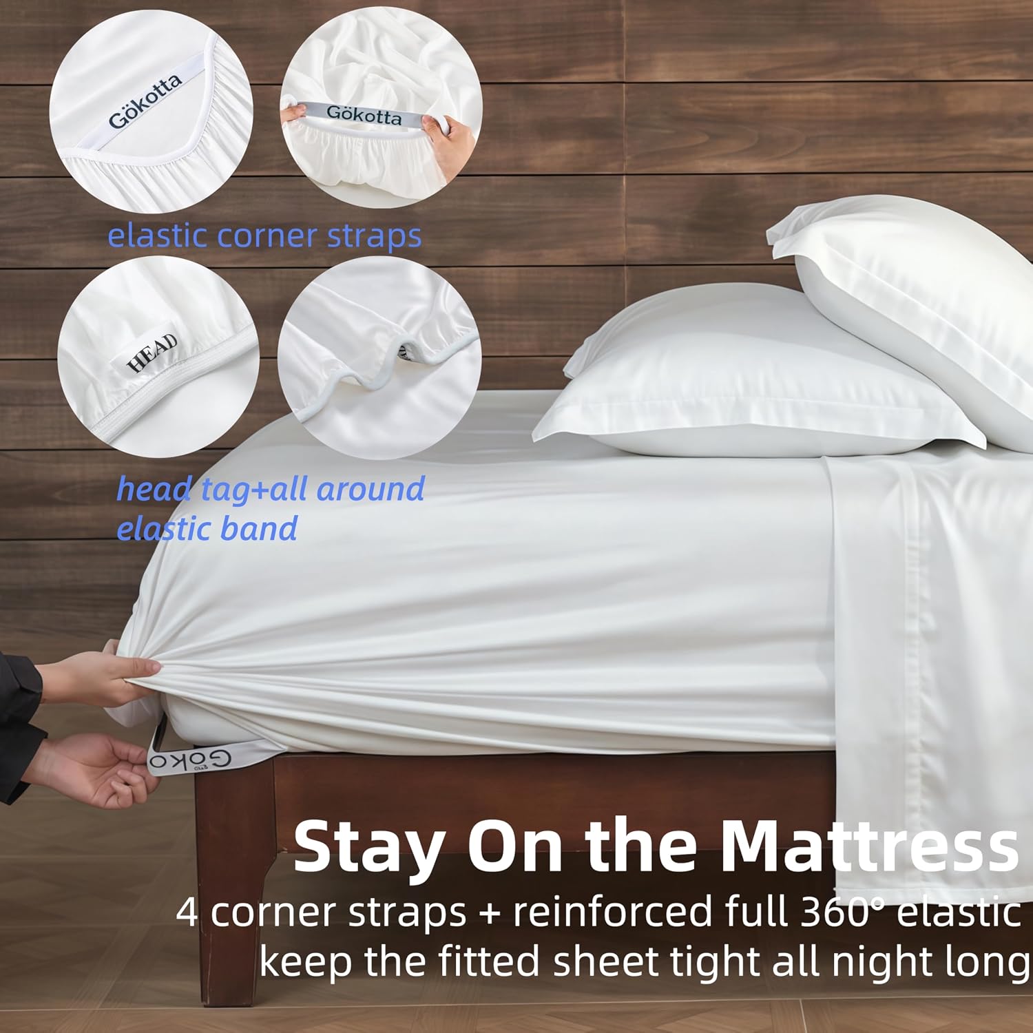 GOKOTTA Full Sheets Set - FSC & Oeko-TEX Certified - 100% Rayon Derived from Bamboo - 430 High Thread Count Ultra Soft and Cooling,16'' Deep Pocket with Elastic Corner Straps - Pure White