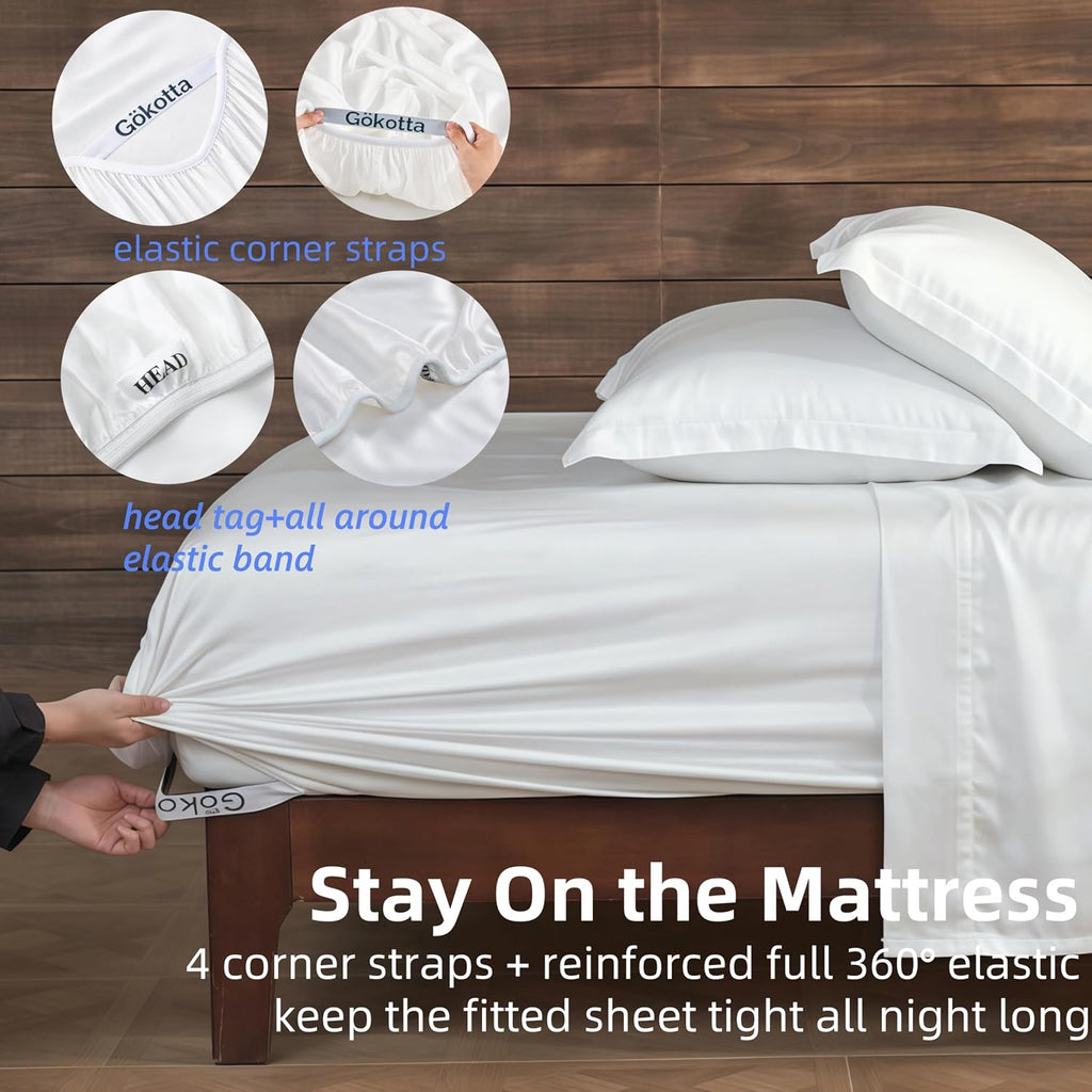 GOKOTTA Queen Sheets Set - FSC & Oeko-TEX Certified - 100% Rayon Derived from Bamboo - 430 High Thread Count Ultra Soft and Cooling,16'' Deep Pocket with Elastic Corner Straps - Pure White