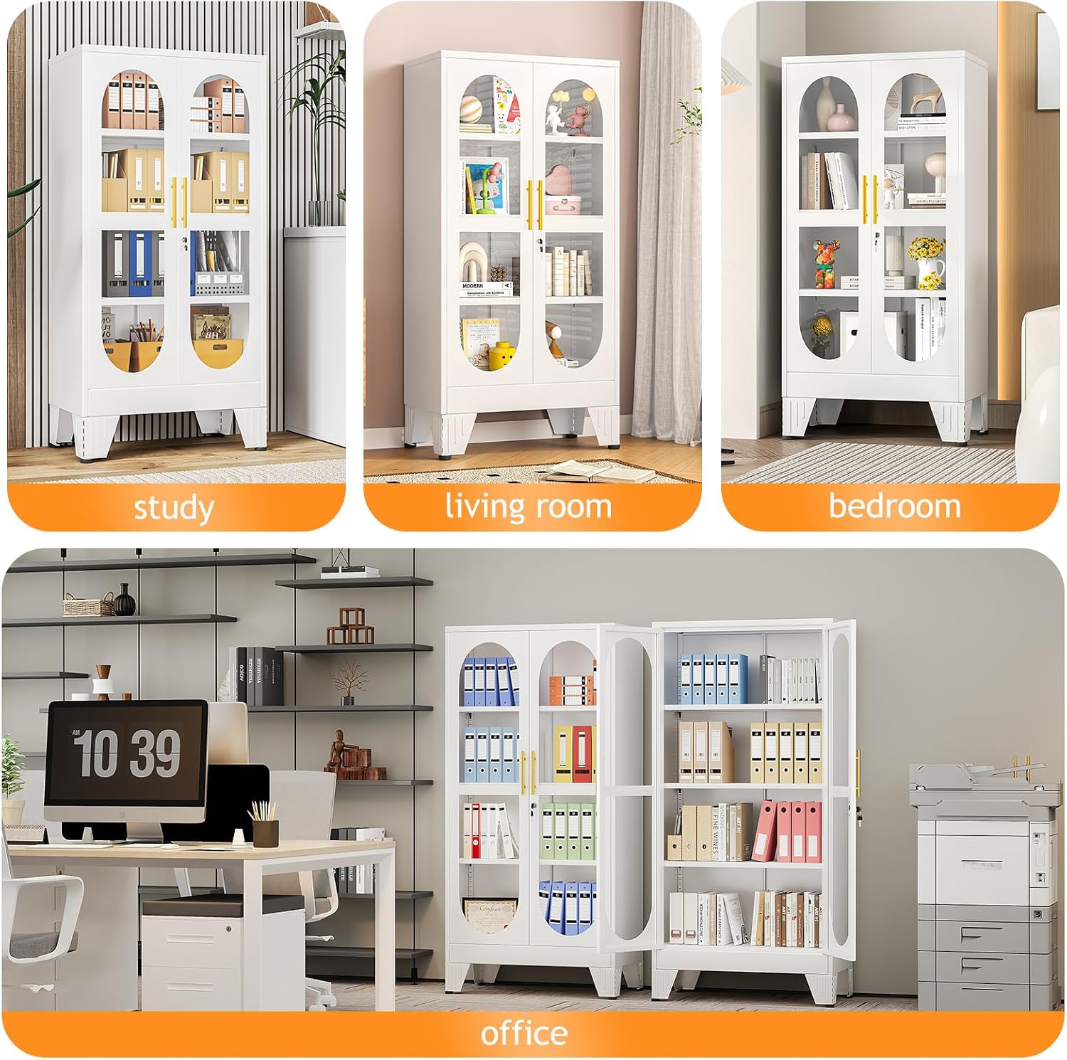 PAOFIN 47' H Locking Display Cabinet with Glass Door, Metal Cabinets with 3 Adjustable Shelves, Cabinet Display Case for Living Room, Collectibles, Clinic, Home - Assembly Required White