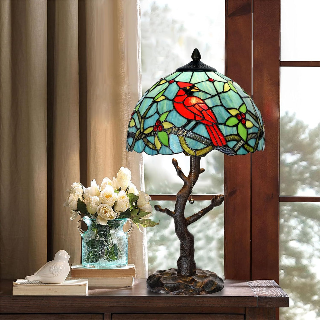 TL0035 Tiffany Style Stained Glass Table Lamp, Cardinal Bird Desk Lamp with Branch Base, W 12' x OH 21', Great for Home Decor & Night Lighting, LED Bulb Included (Red Cardinal)