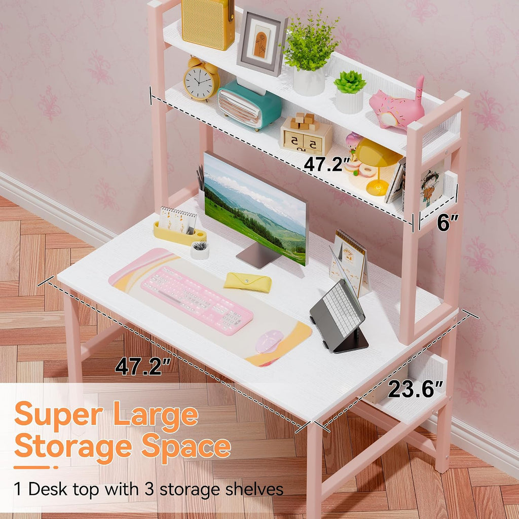 Aquzee Pink Girls Desk Hutch, 47in Woman Computer Desk with Bookshelf & Storage Shelves, Space Saving Girls Writing Study Craft Table for Bedroom Kids Room, White Wood & Pink Iron Home Office Desks