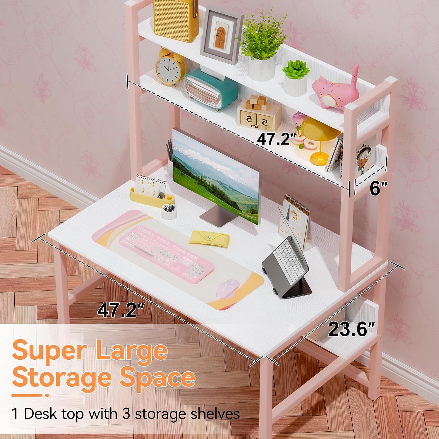 Aquzee Pink Girls Desk Hutch, 47in Woman Computer Desk with Bookshelf & Storage Shelves, Space Saving Girls Writing Study Craft Table for Bedroom Kids Room, White Wood & Pink Iron Home Office Desks