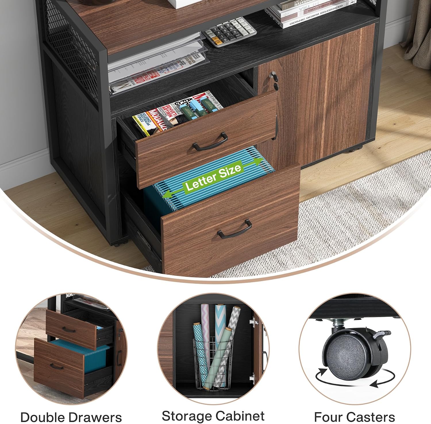 Tribesigns 63' Executive Deskwith Drawer Cabinet, L Shaped Desk and lateral File Cabinet, 2 Piece Home Office Furniture Set with Drawers for Hanging, Doors with Locks (Dark Brown, 63 inches)