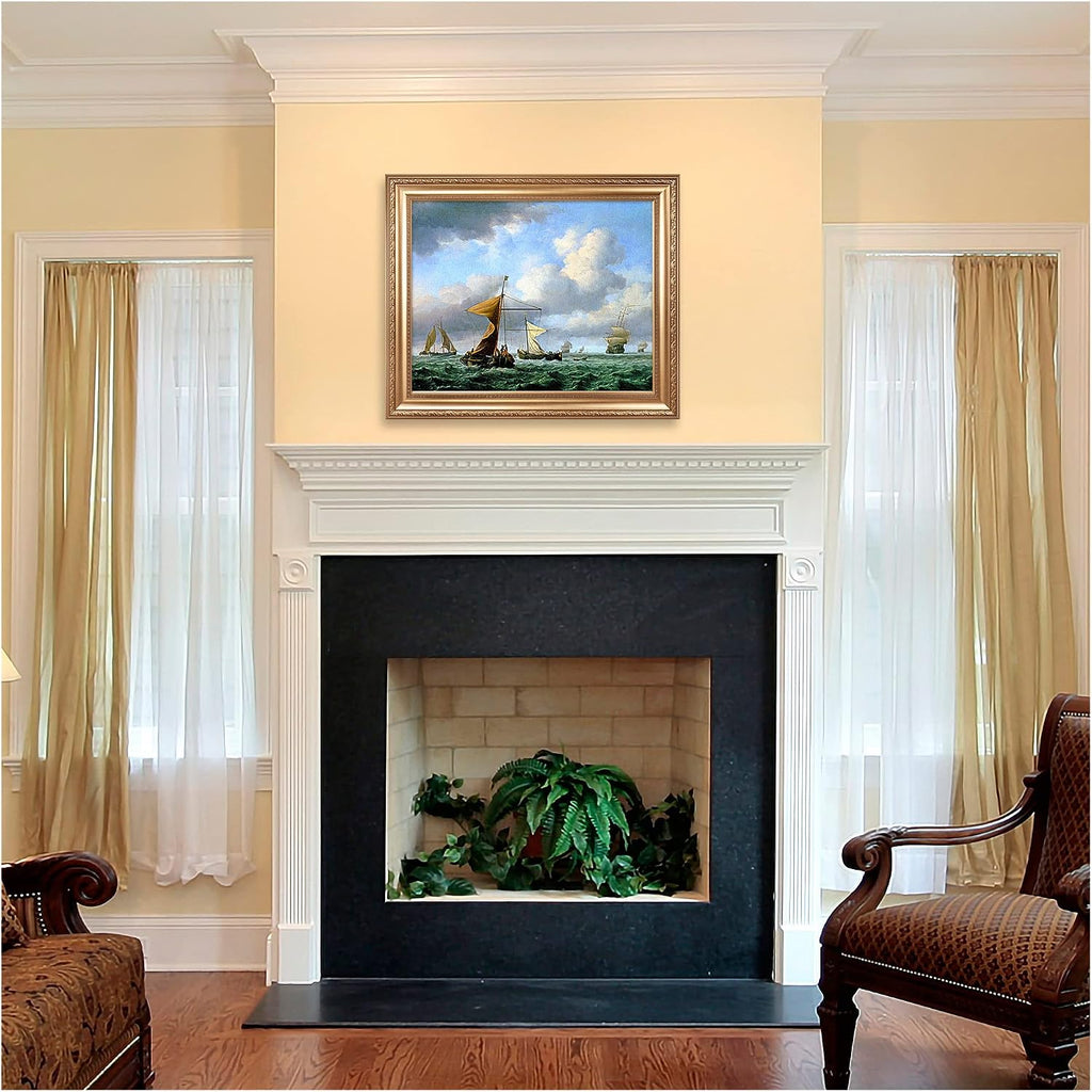 A Brisk Breeze by Willem van de velde Warship Painting Reproductions Framed Size:36x30 inches,Image Size:30x24 inches World Classic Reproductions For HomeDecor,Gold Frame