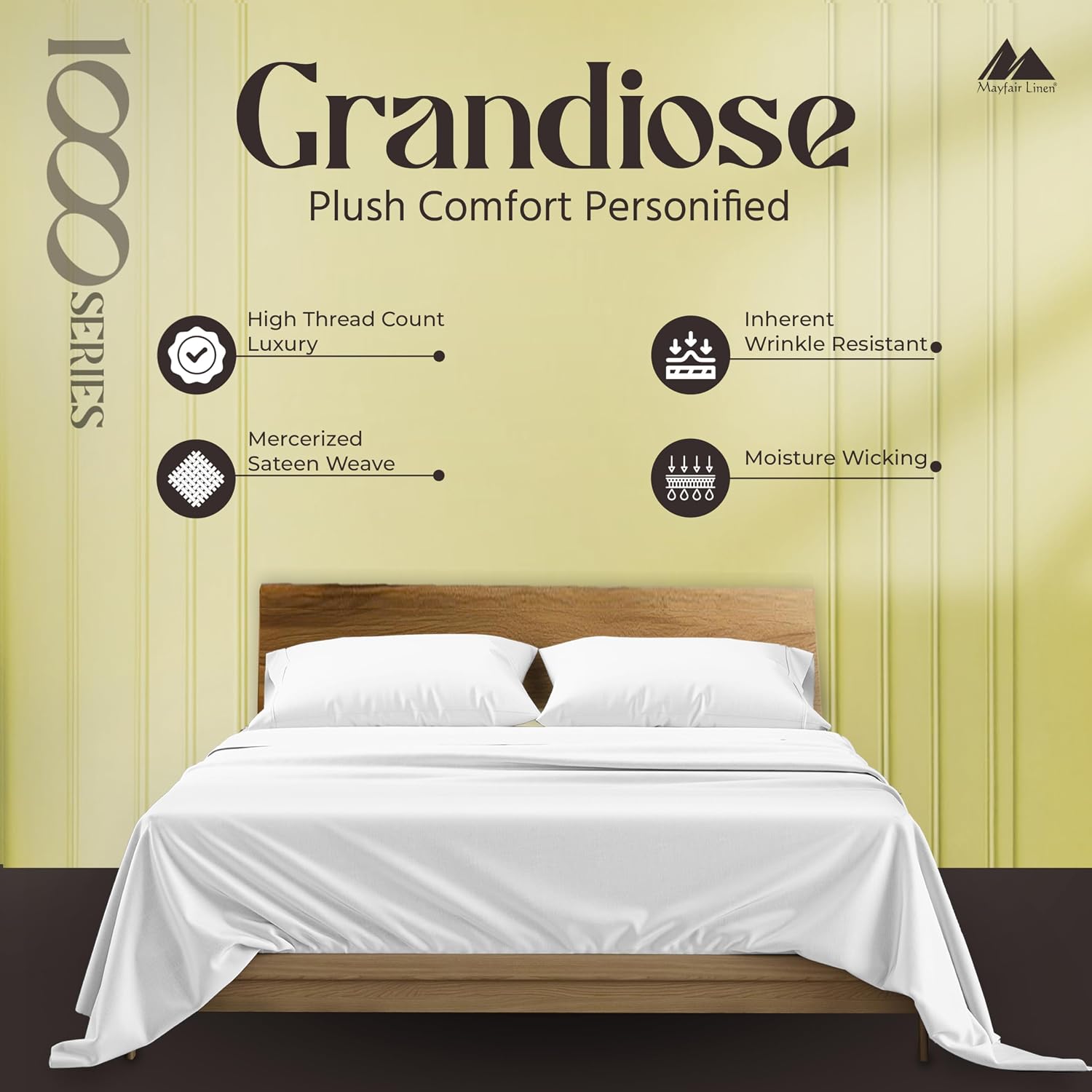 Mayfair Linen 100% Pure Egyptian Cotton Sheet King Size - Luxury 1000 Series Grandiose Collection King Size Sheets Set (6 PC, White), 16' Deep Pocket Sateen Weave Soft Cooling Hotel Bed Sheets Set