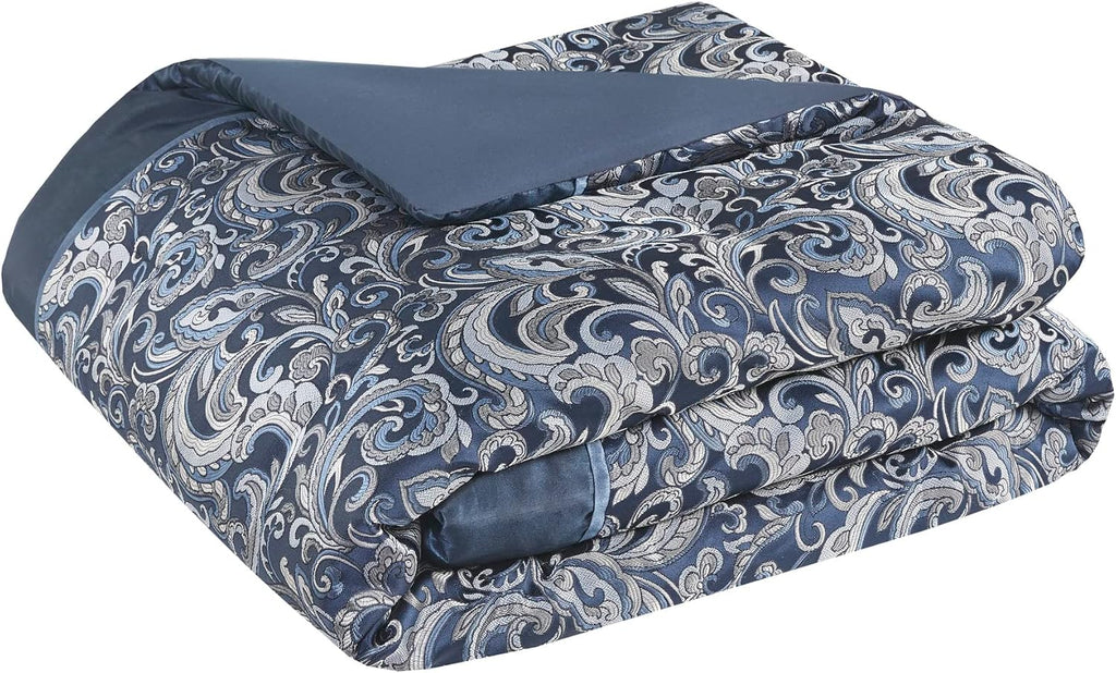 Madison Park Essentials Brystol 24 Piece Room in a Bag Faux Silk Comforter Jacquard Paisley Design Matching Curtains Down Alternative All Season Bedding-Set, King(104 in x 92 in), Navy 24 Piece