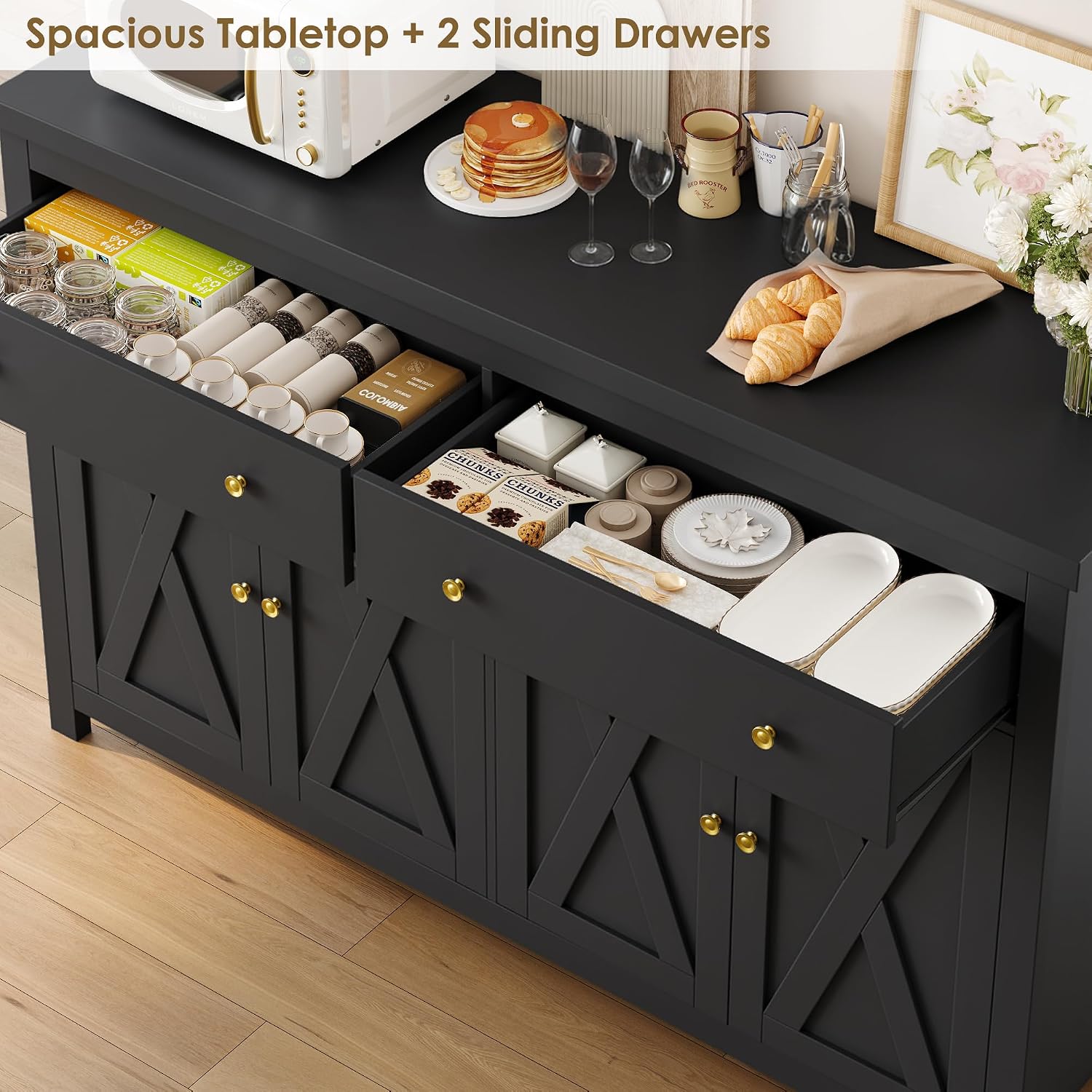 FOTOSOK Sideboard Buffet Cabinet with Storage, 55' Large Kitchen Storage Cabinet with 2 Drawers and 4 Doors, Wood Coffee Bar Buffet Table for Kitchen Dining Room, Black