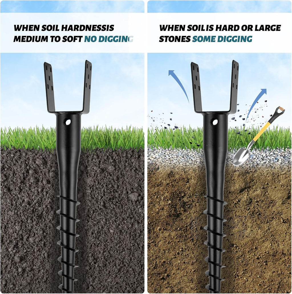 No Dig Ground Screw Anchor - Black U Shaped Post Stake for 4x4 Wood Posts, Includes Lag Bolts & 27' Rebar, for Mailbox Posts and Fence Posts Anchor, 4 Pack