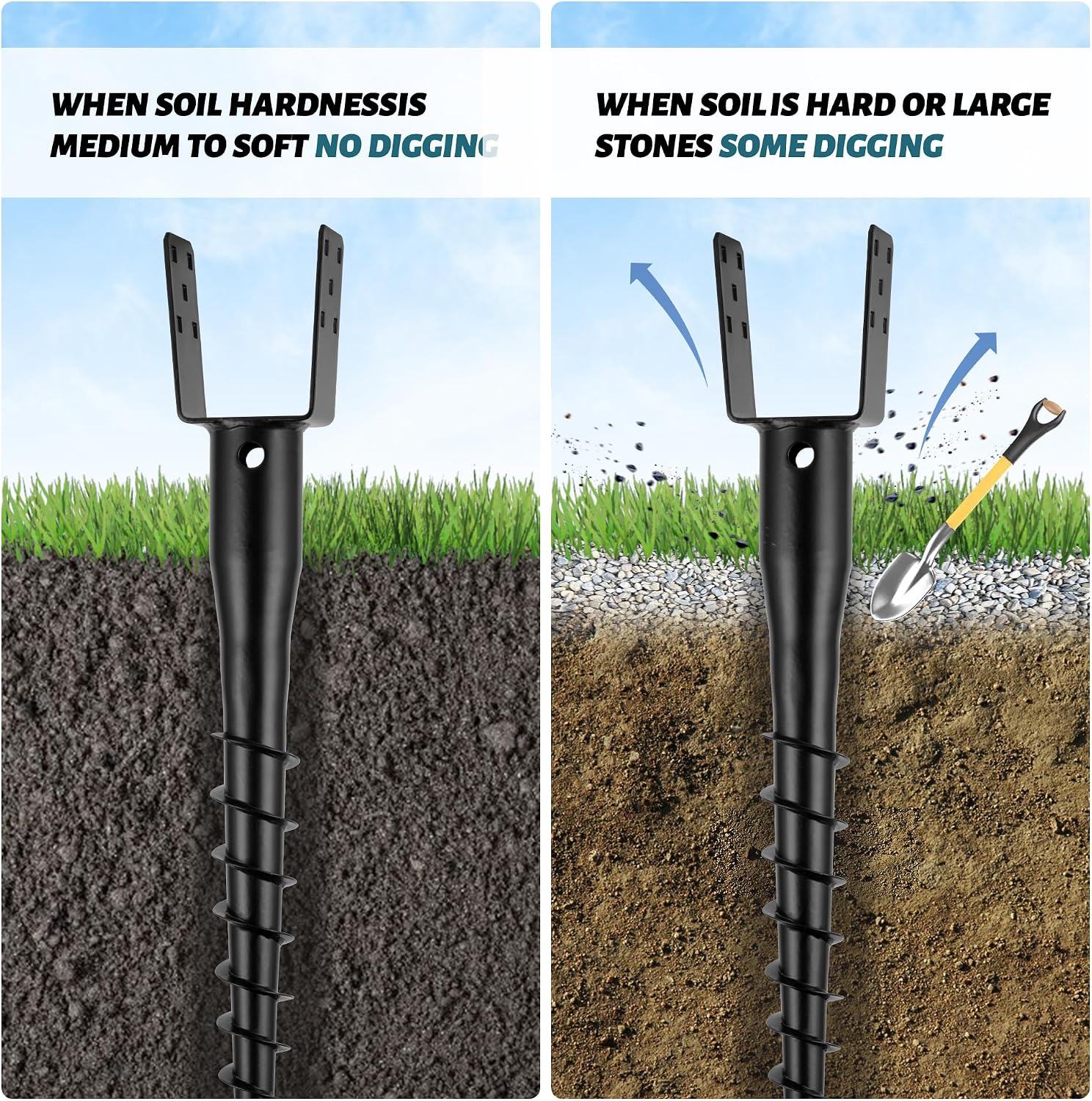 No Dig Ground Screw Anchor - Black U Shaped Post Stake for 4x4 Wood Posts, Includes Lag Bolts & 27' Rebar, for Mailbox Posts and Fence Posts Anchor, 4 Pack