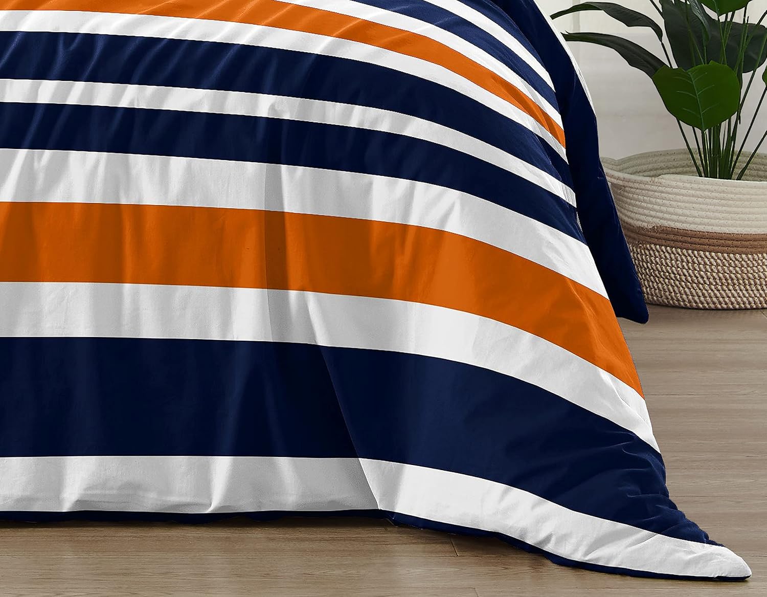 Sweet Jojo Designs Navy Blue, Orange and White Childrens, Teen 3 Piece Full/Queen Boys Stripe Bedding Set Collection
