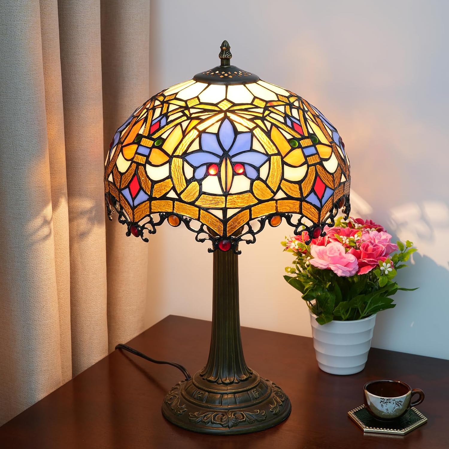 Tiffany Lamp Stained Glass Table Lamp Antique Desk Light for Bedside Nightstand Bedroom Living Room Home Office Unique Cute Accent Decor Light Include LED Bulb