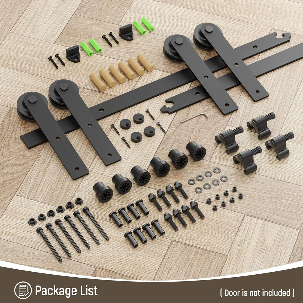CCJH 4FT Sliding Barn Door Hardware Kit, Heavy Duty, Smoothly and Silently, Easy to Install, Fit 12' Width Double Door Panel, I Shaped Hangers Black