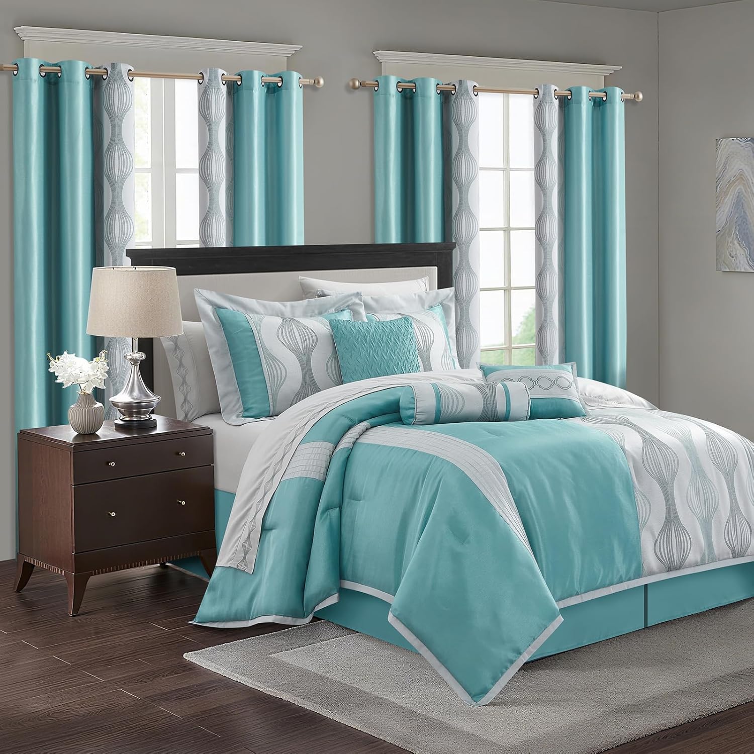 LANCO MODERN LIFESTYLE California King Comforter Set, Blue, 15 Pieces Room in a Bag, Jacquard with Patchwork, Luxury Bed Set with Sheets, Curtains, Bed Skirt, Pillow Shams, Cases and Pillows