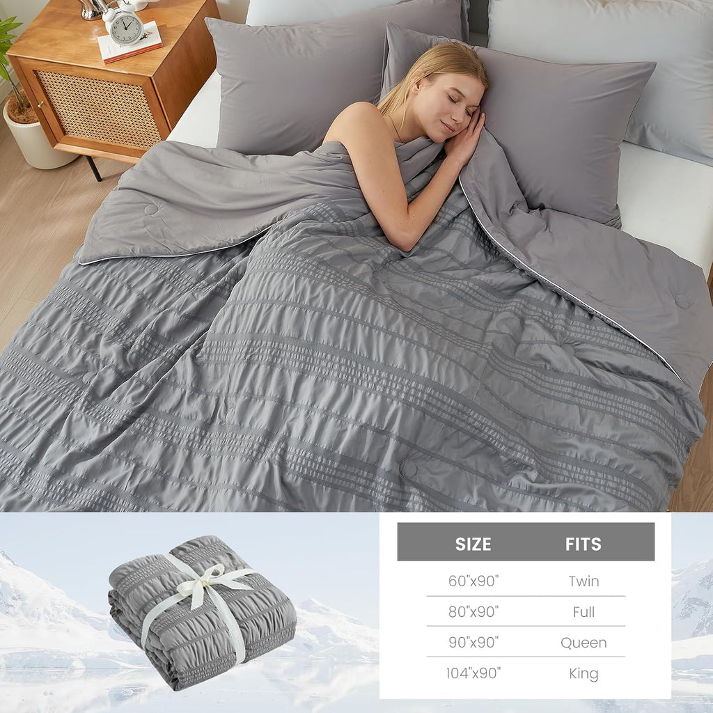 Cozy Bliss Seersucker Cooling Comforter King Size, Q-Max 0.45 Reversible Lightweight Cooling Blanket, Breathable Silk Smooth Summer Bedding Quilt for Hot Sleepers Night Sweats Dark Grey