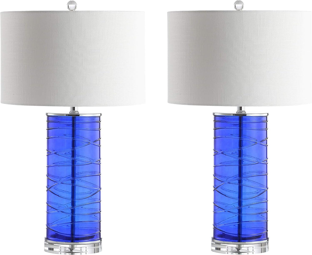 JONATHAN Y 27.5' Cobalt Modern Fused Glass Table Lamp Set of 2 for Bedroom Living Room, Coastal Nightstand Bedside Lamp with White Linen Shade, LED Bulbs Included (JYL4017D-SET2)